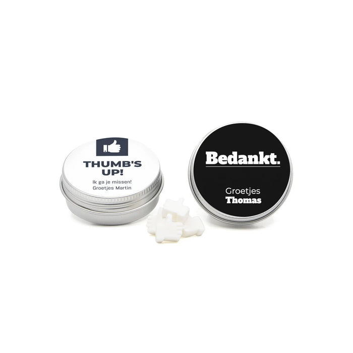 Aluminium blikje met snoepjes - Afscheid collega Aluminium blikje met snoepjes - Afscheid collega