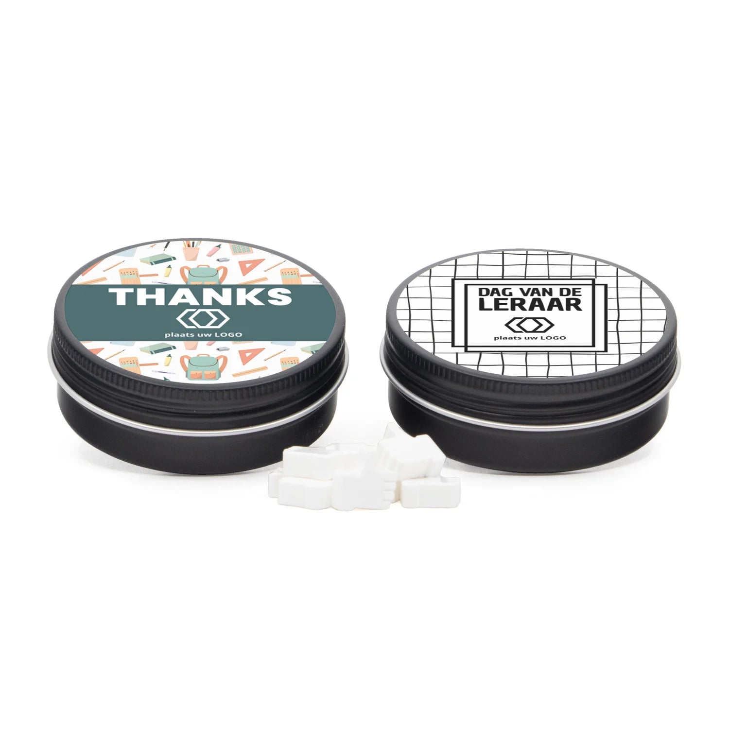 Zwart aluminium blikje met logo - Leraar - Bedankjes.nl