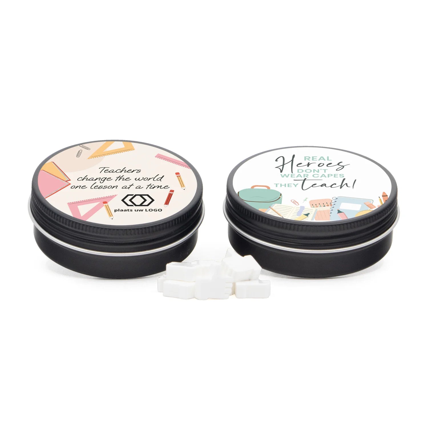 Zwart aluminium blikje met logo - Leraar - Bedankjes.nl