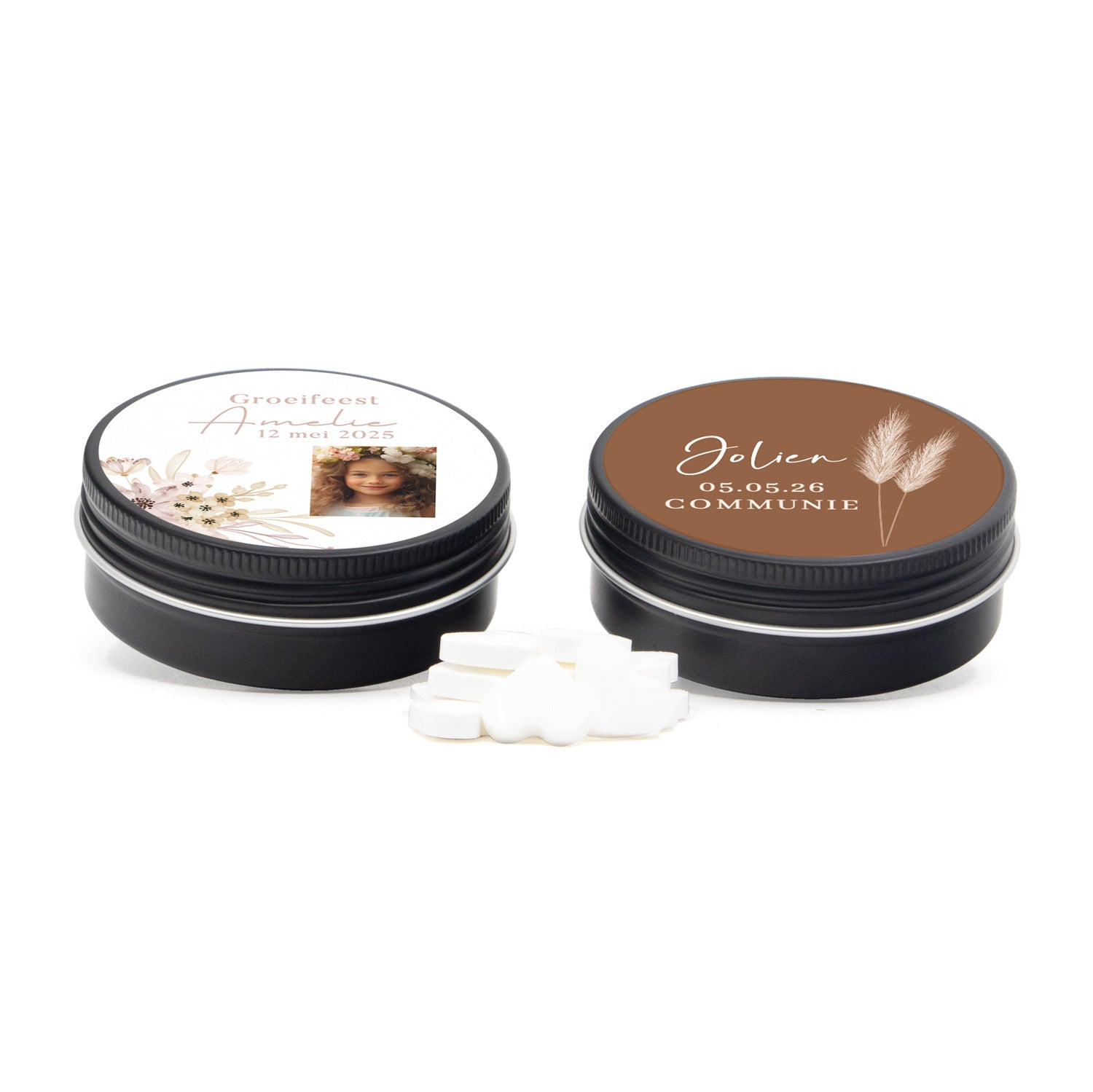 Zwart aluminium blikje met snoep - Communie meisje - Bedankjes.nl