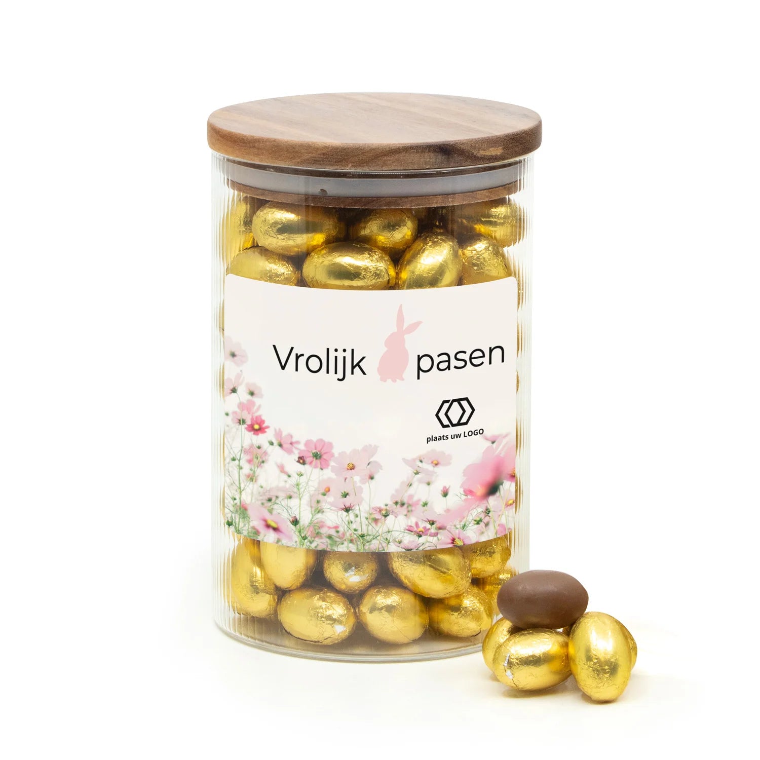Grote voorraadpot met paaseitjes en etiket - Pasen - Bedankjes.nl