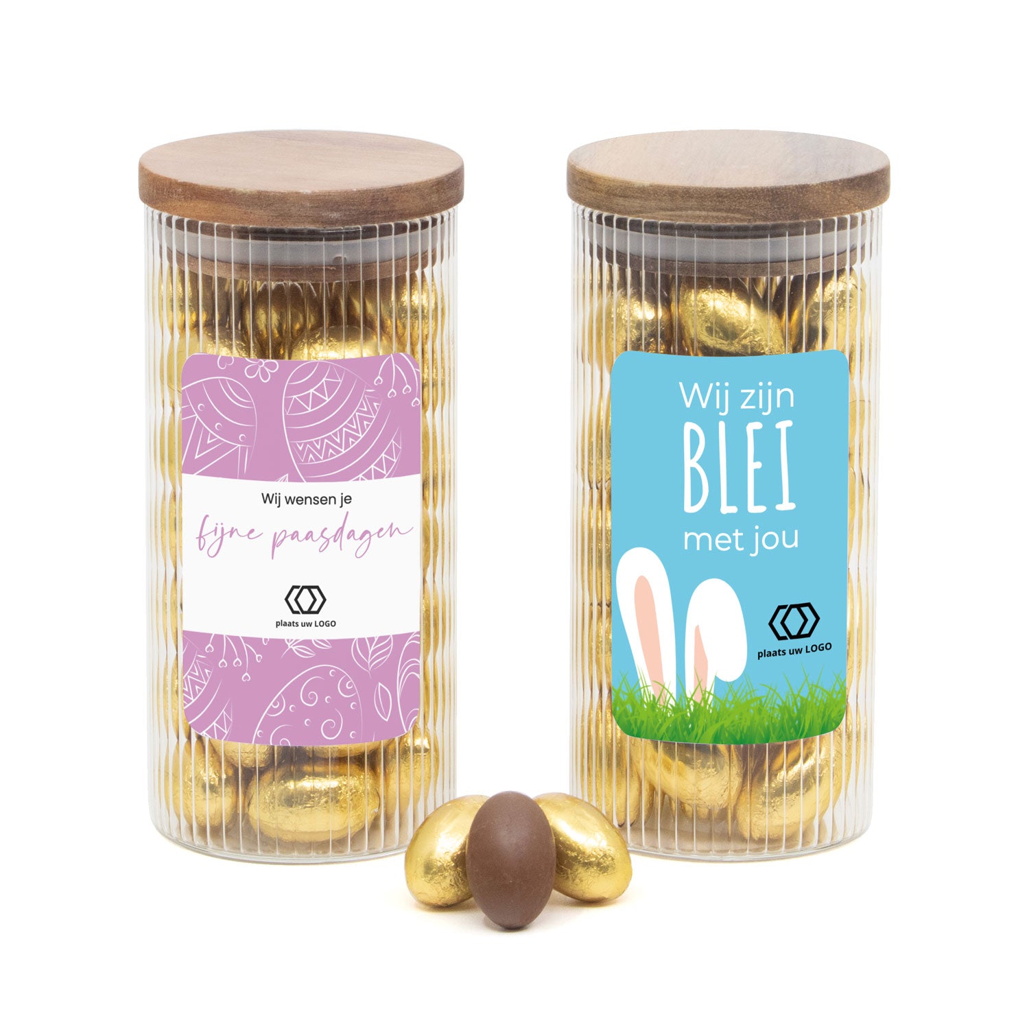Pot met ribbelglas vol paaseitjes en eigen etiket - Pasen - Bedankjes.nl