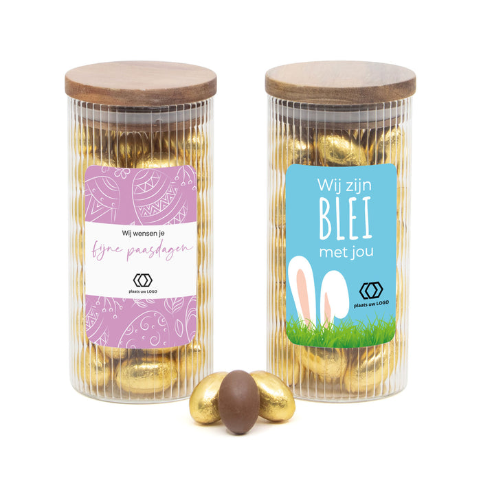 Pot met ribbelglas vol paaseitjes en eigen etiket - Pasen Pot met ribbelglas vol paaseitjes en eigen etiket - Pasen