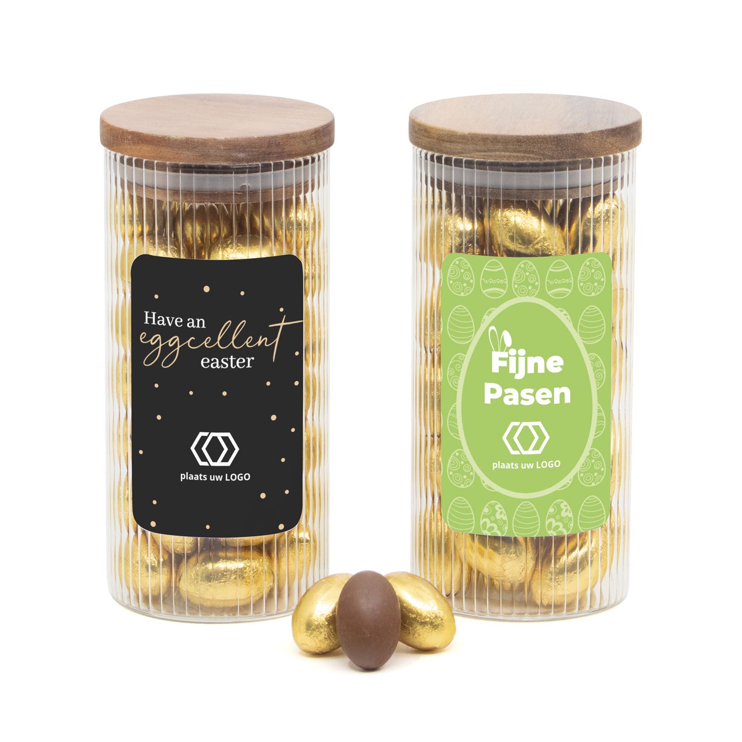Pot met ribbelglas vol paaseitjes en eigen etiket - Pasen - Bedankjes.nl