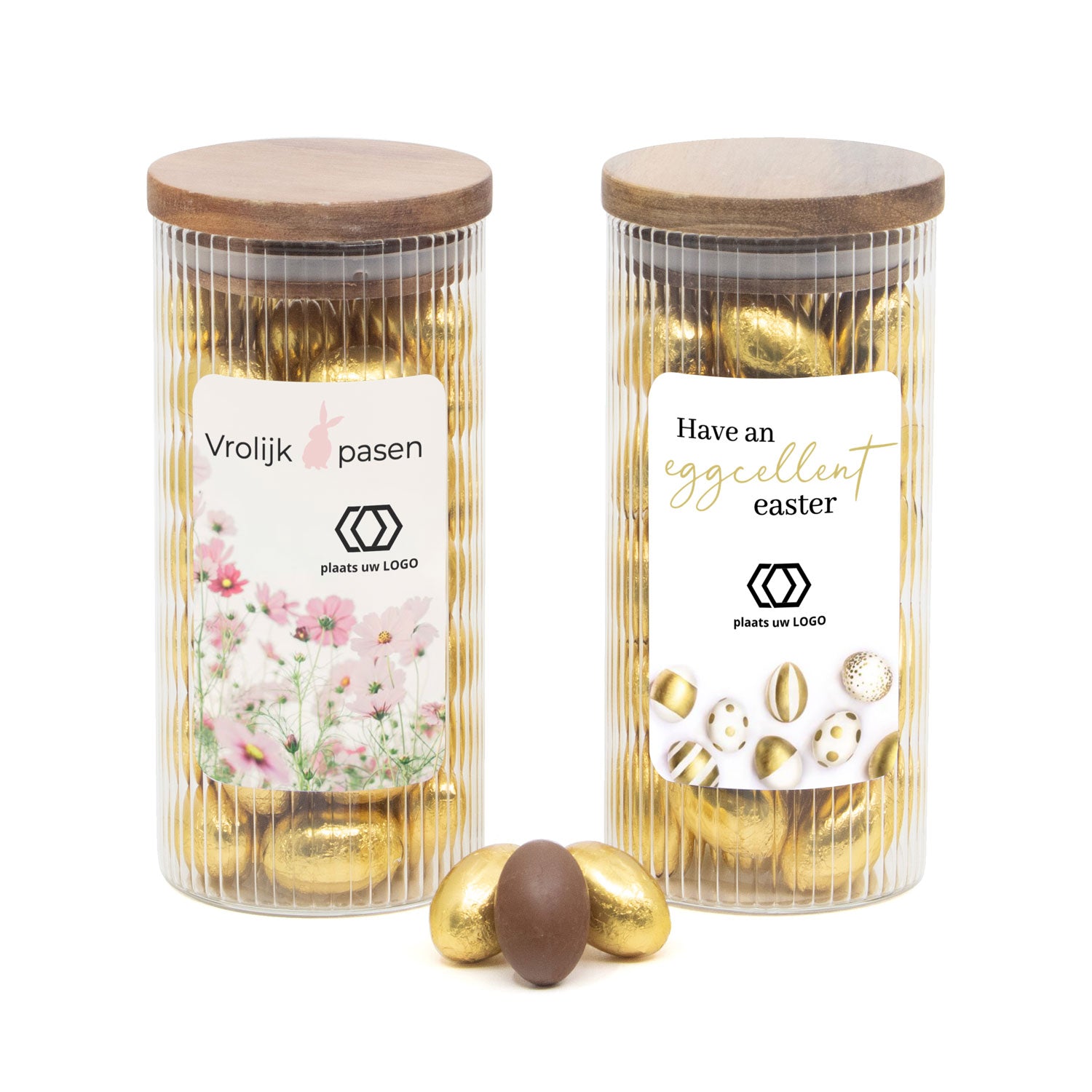 Pot met ribbelglas vol paaseitjes en eigen etiket - Pasen - Bedankjes.nl