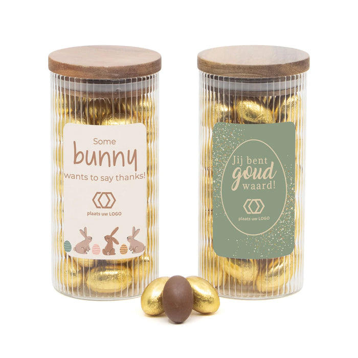 Pot met ribbelglas vol paaseitjes en eigen etiket - Pasen Pot met ribbelglas vol paaseitjes en eigen etiket - Pasen