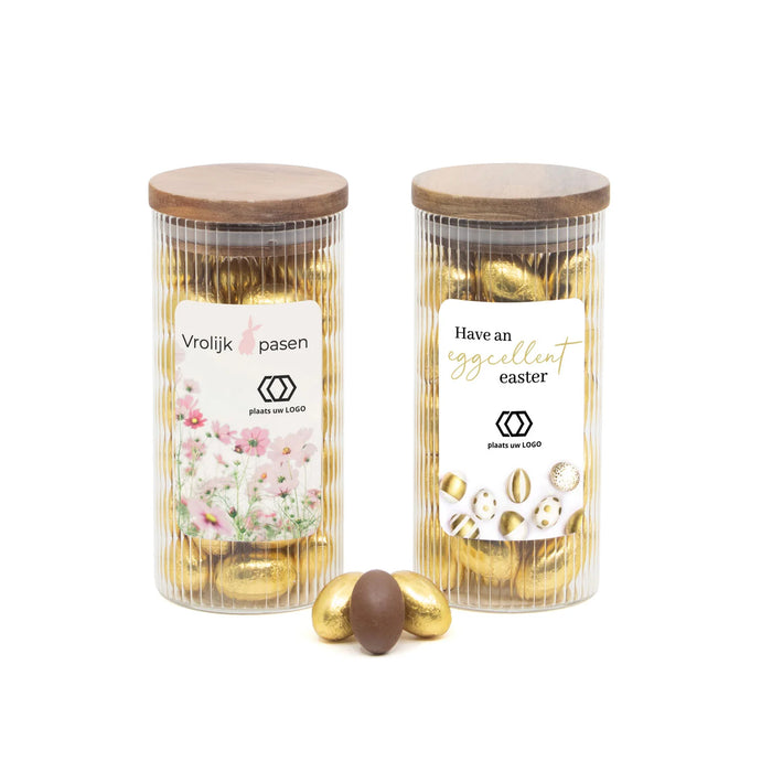 Pot met ribbelglas vol paaseitjes en eigen etiket - Pasen Pot met ribbelglas vol paaseitjes en eigen etiket - Pasen