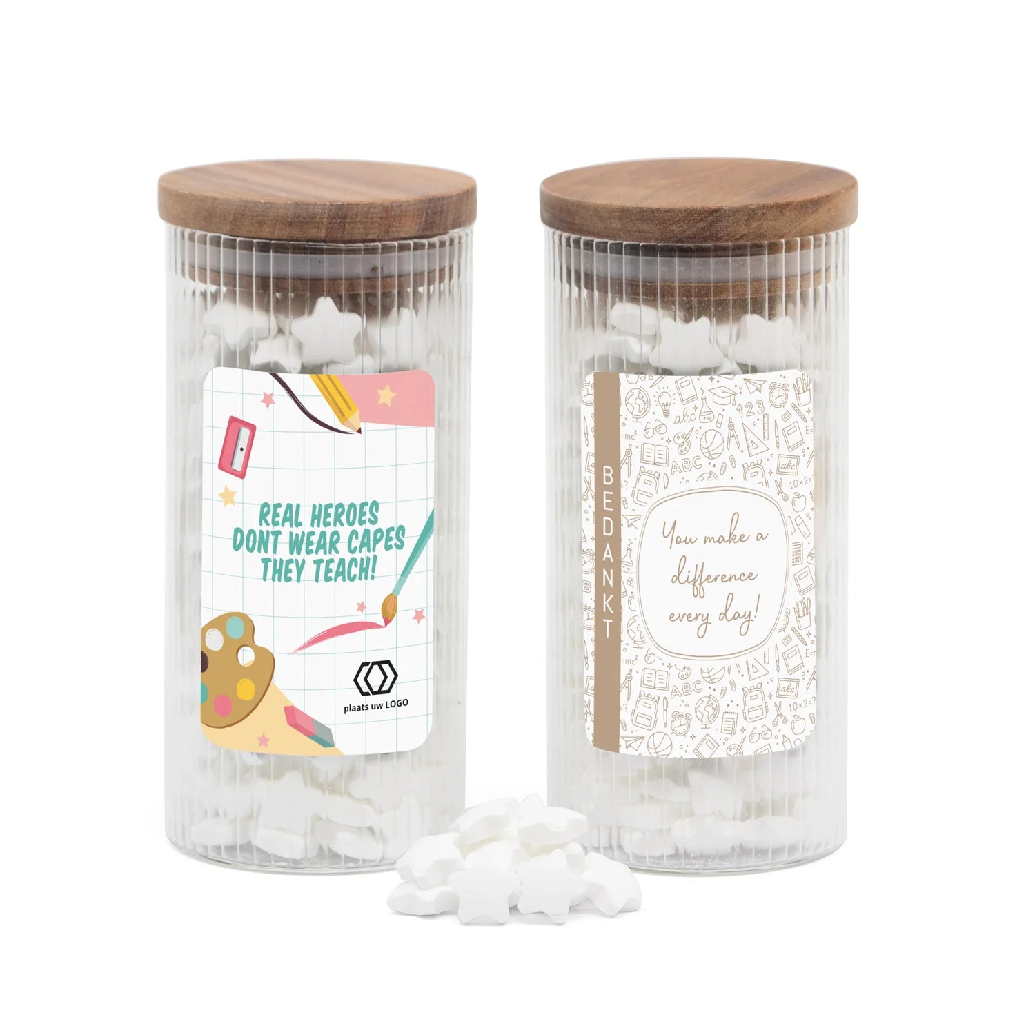 Pot met ribbelglas gevuld met snoepjes - Leraar - Bedankjes.nl