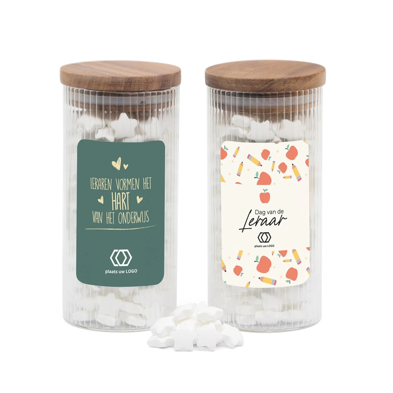 Pot met ribbelglas gevuld met snoepjes - Leraar - Bedankjes.nl