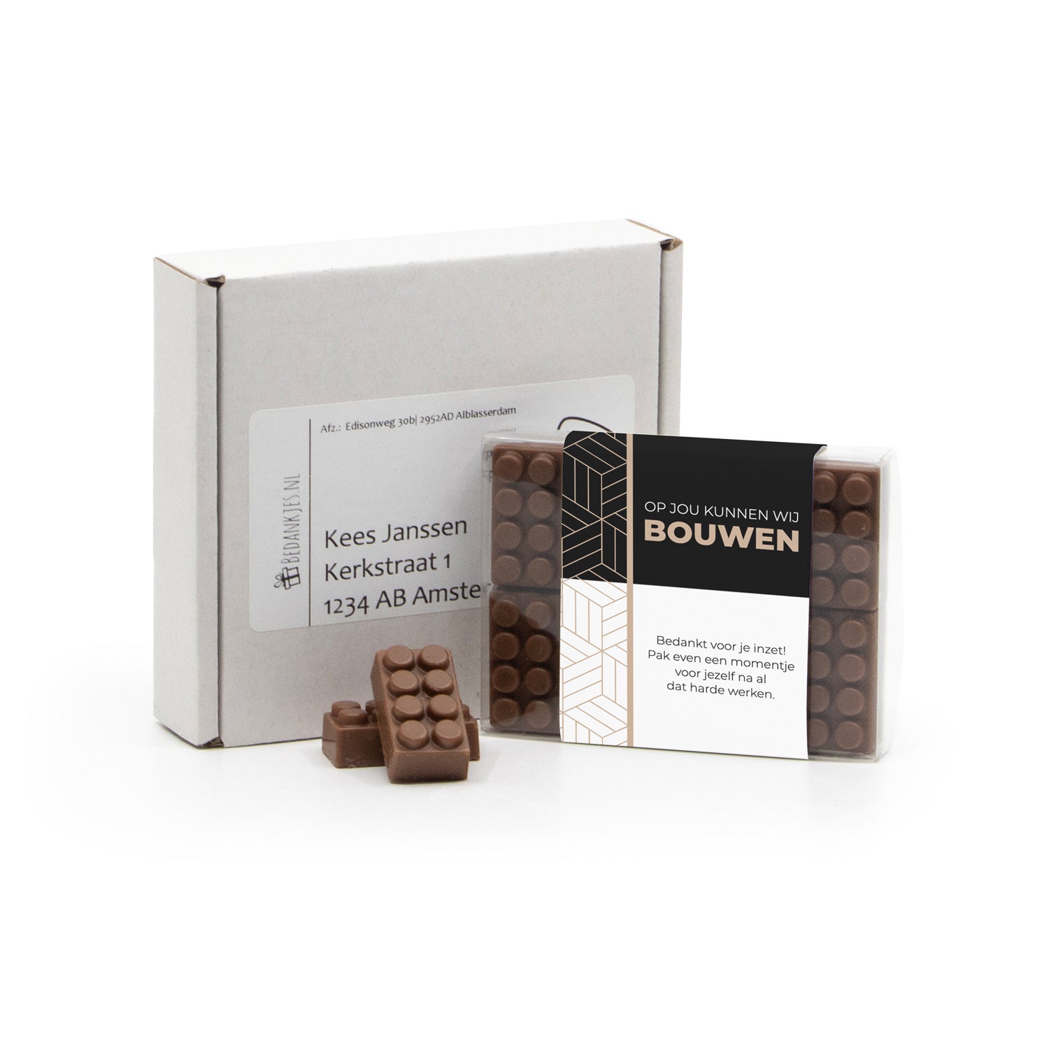 Doosje met 10 chocolade bouwstenen eigen sleeve - Brievenbus - Bedankjes.nl