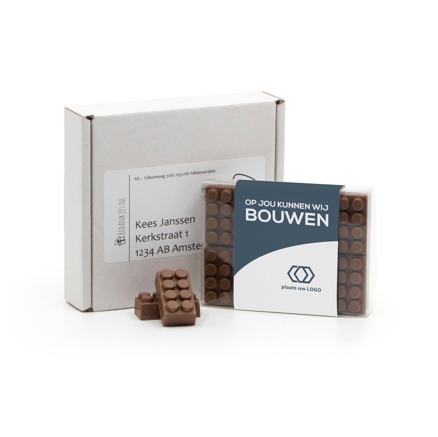 Doosje met 10 chocolade bouwstenen eigen sleeve - Brievenbus - Bedankjes.nl