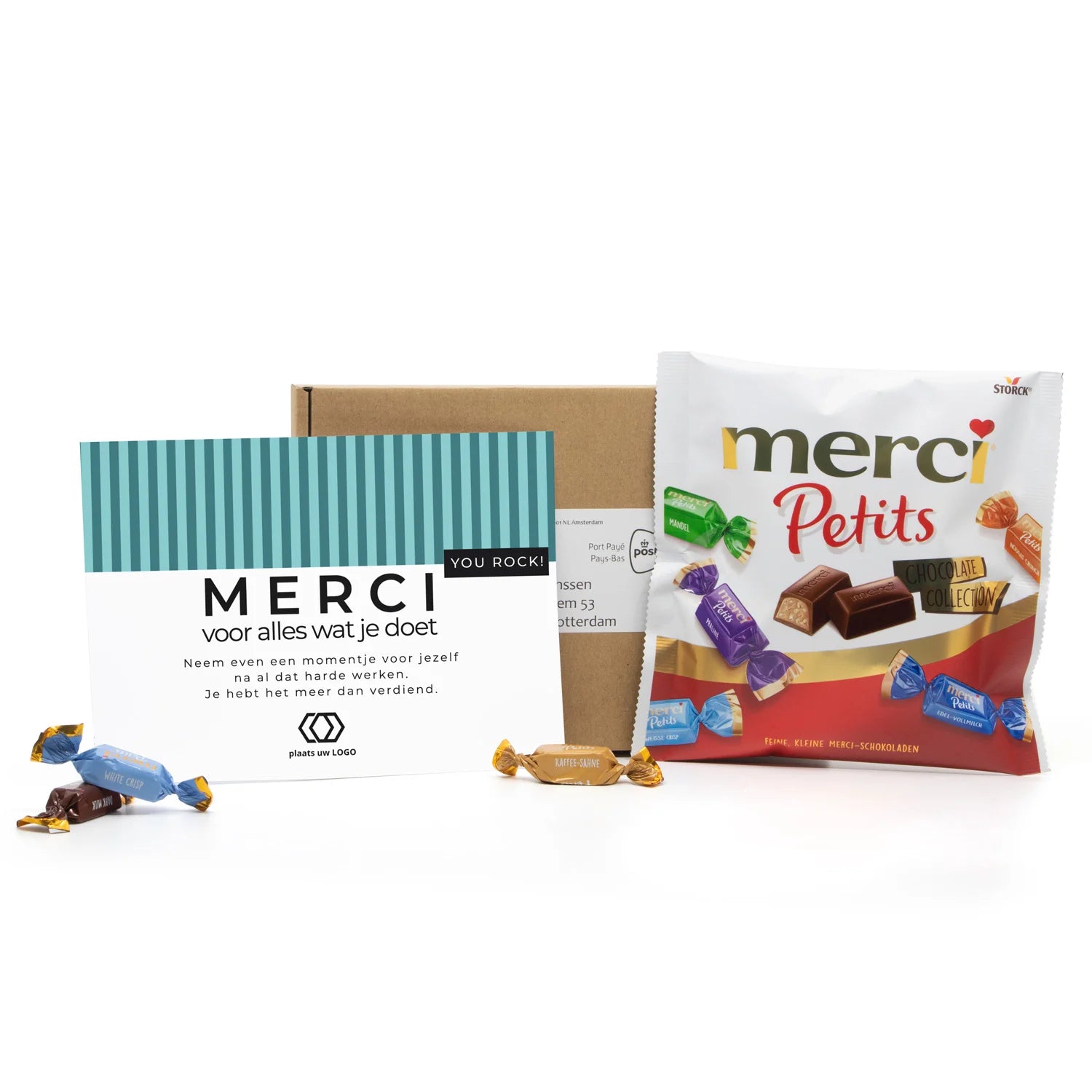 Doosje met mini Merci en persoonlijke kaart - Brievenbus