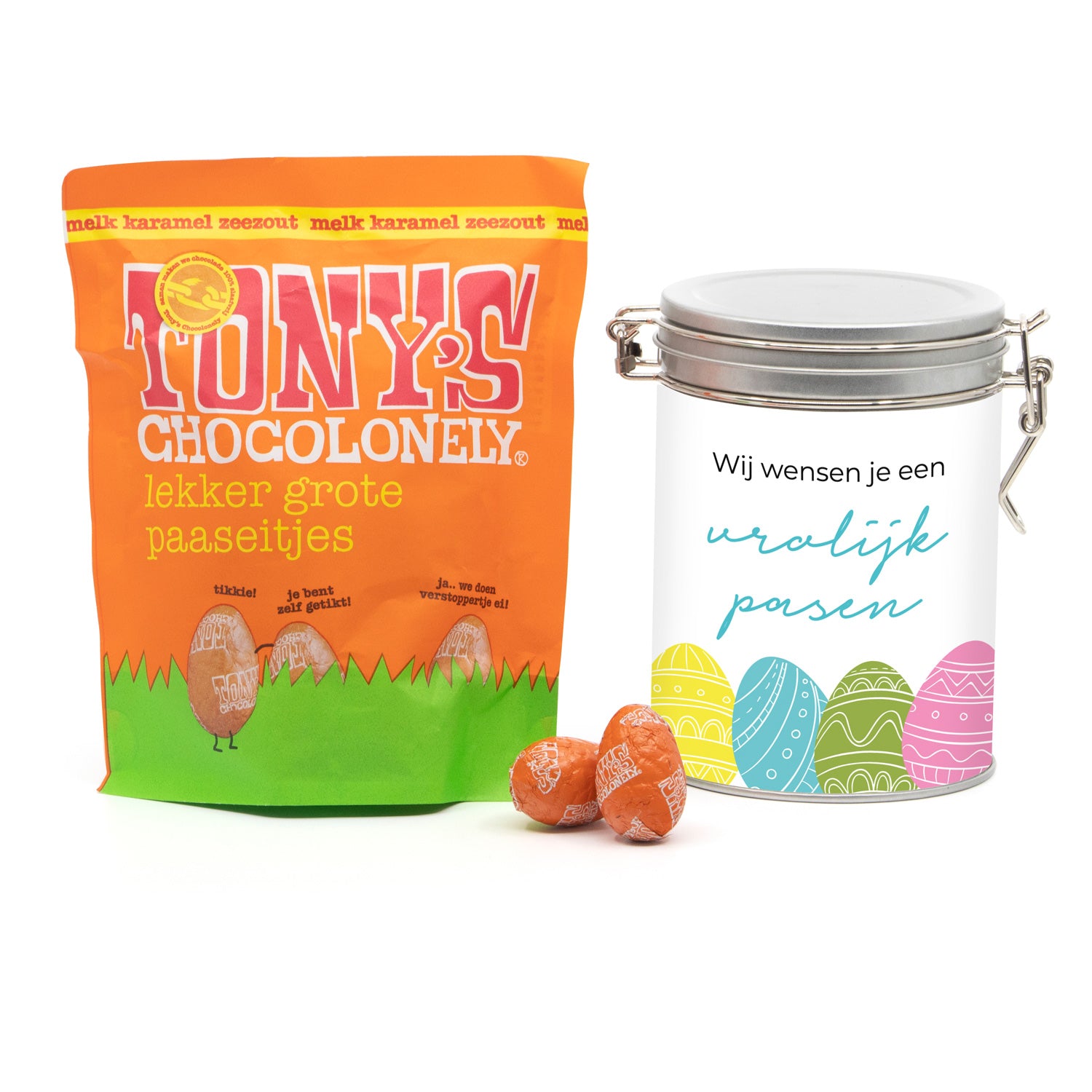Beugelblik met Tony's Chocolonely paaseitjes - Pasen - Bedankjes.nl