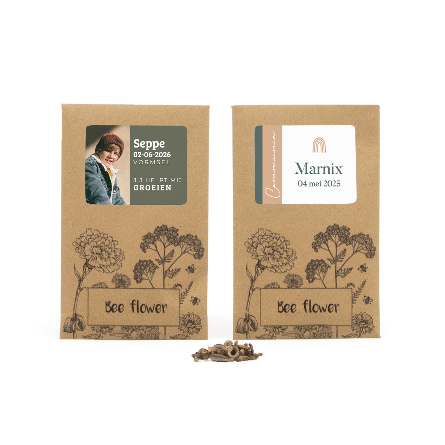 Bee flower zakje met eigen etiket - Communie jongen - Bedankjes.nl