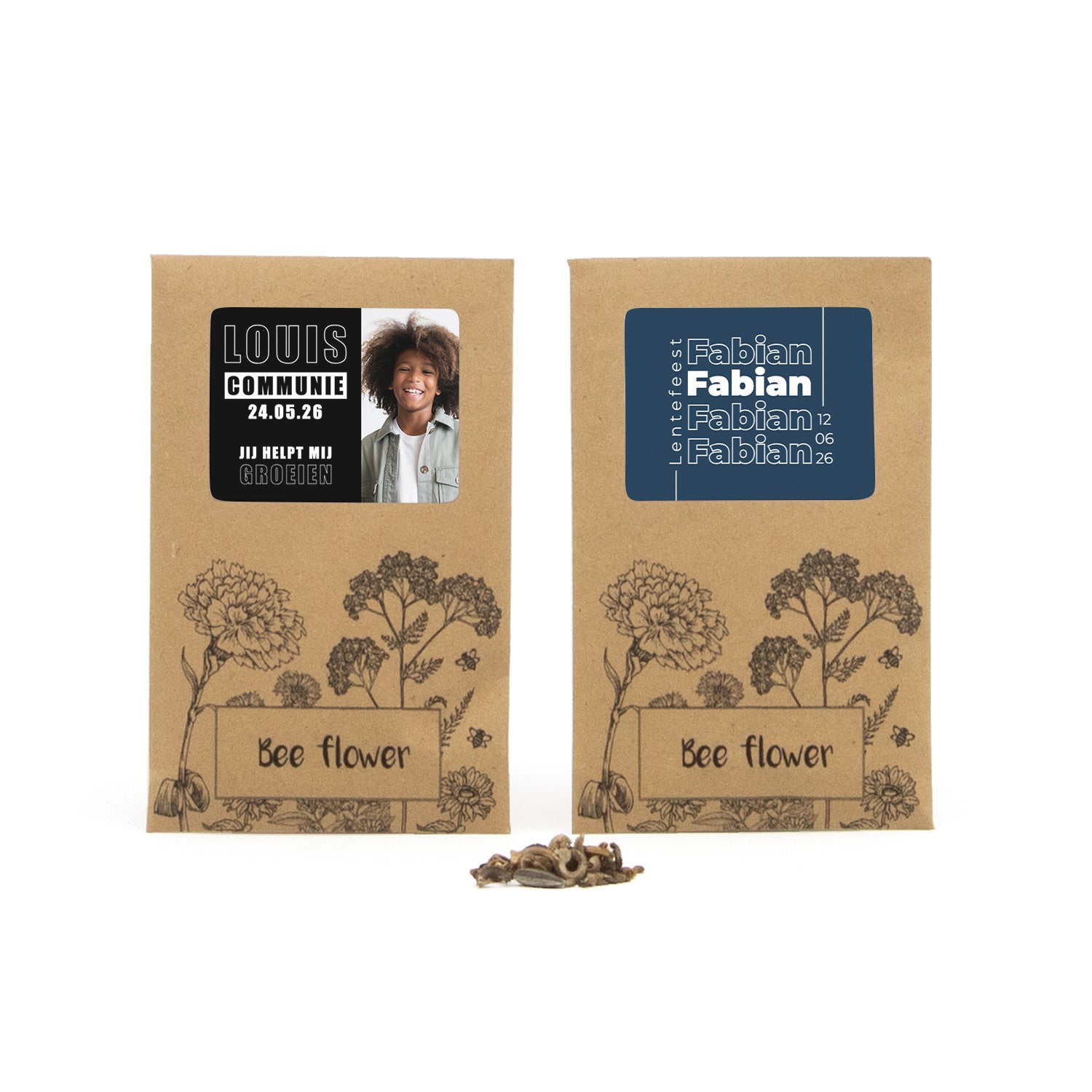 Bee flower zakje met eigen etiket - Communie jongen - Bedankjes.nl