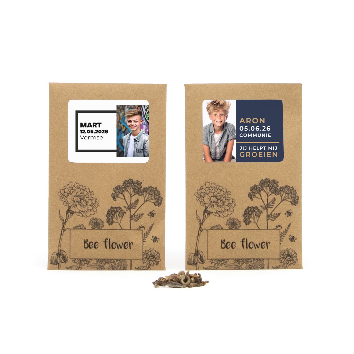 Bee flower zakje met eigen etiket - Communie jongen - Bedankjes.nl