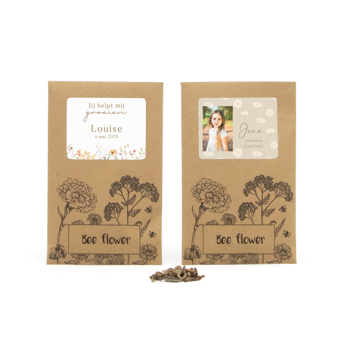 Bee flower zakje met eigen etiket - Communie meisje Bee flower zakje met eigen etiket - Communie meisje