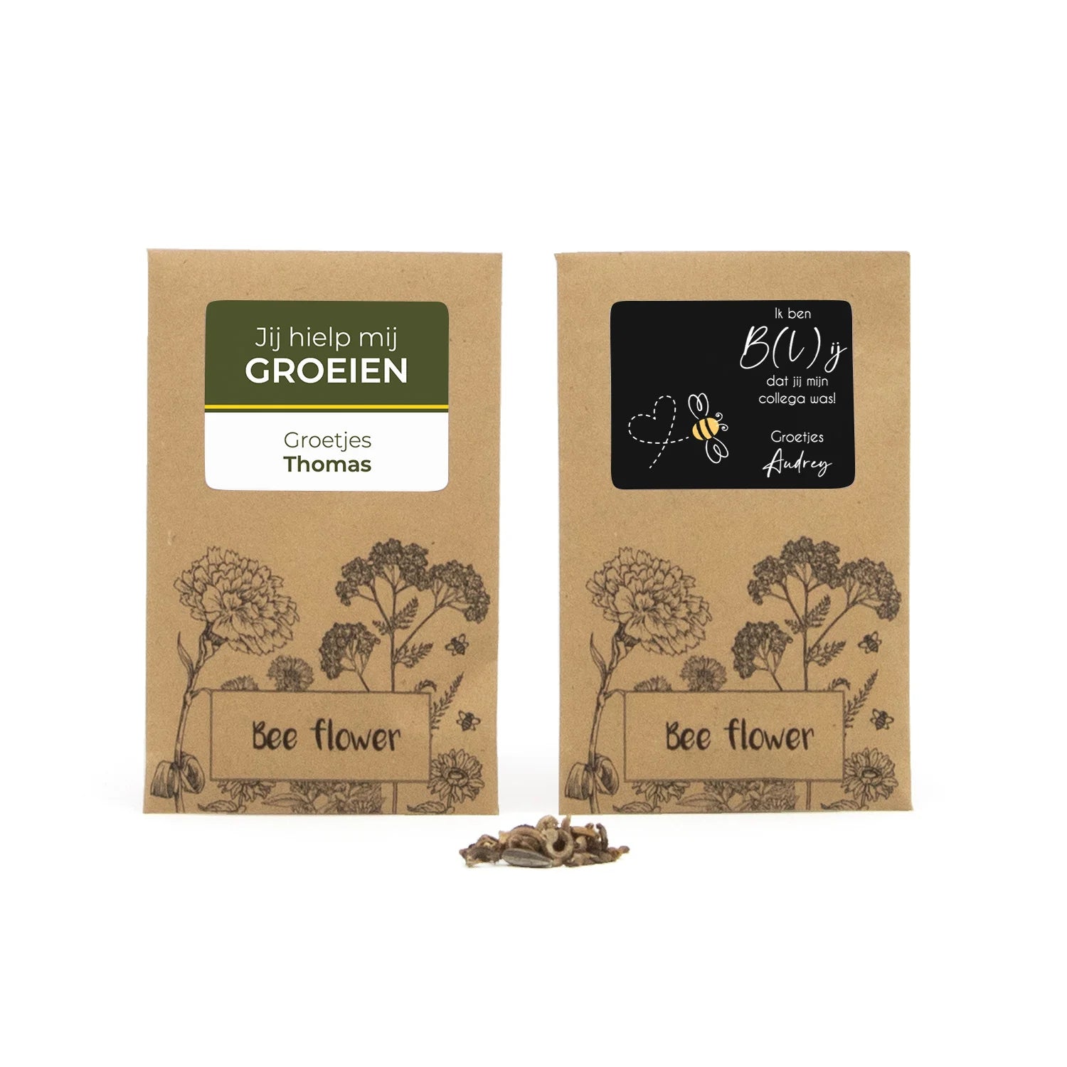Bee flower zakje met eigen etiket - Afscheid collega - Bedankjes.nl