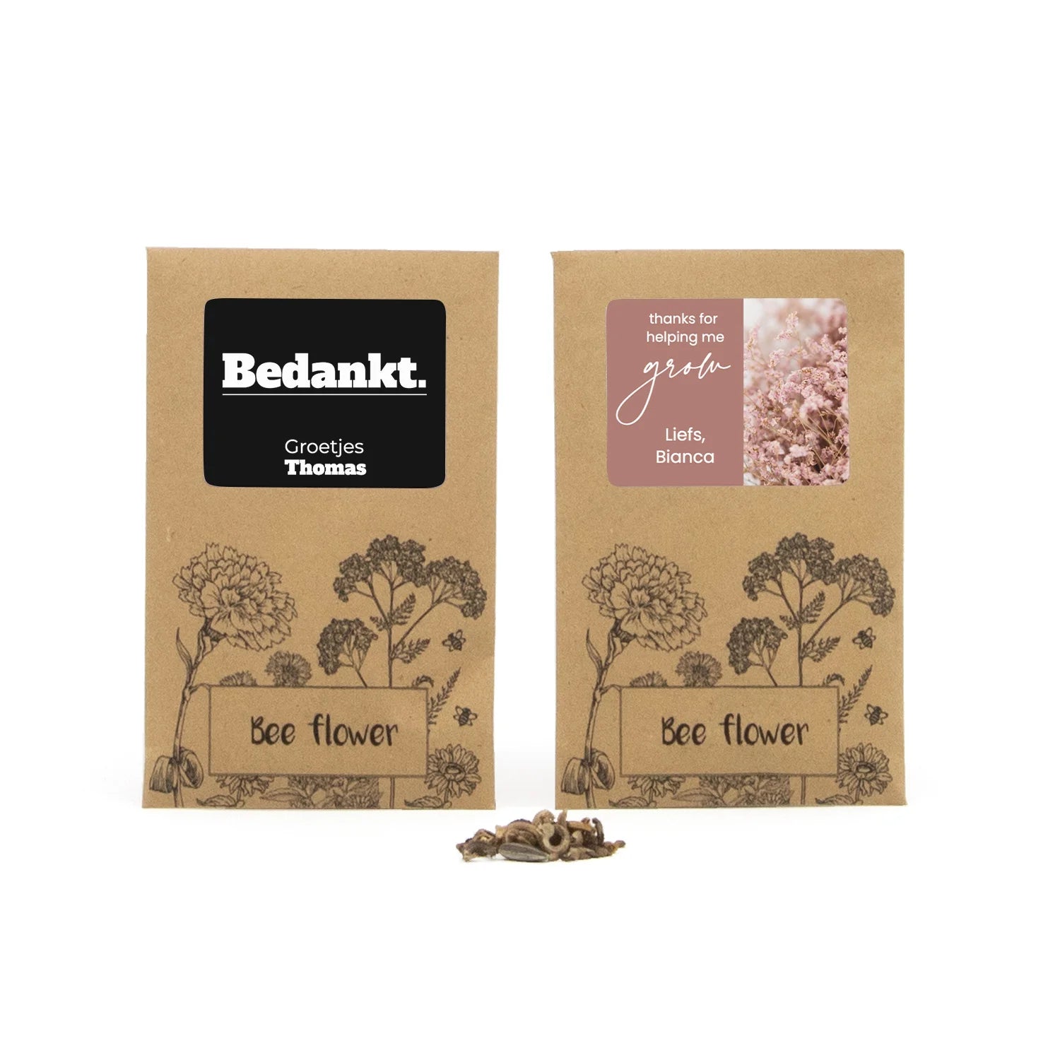 Bee flower zakje met eigen etiket - Afscheid collega - Bedankjes.nl