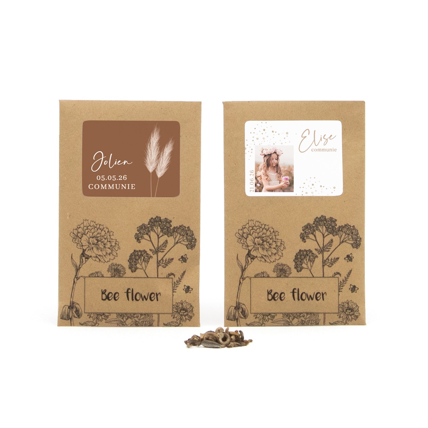 Bee flower zakje met eigen etiket - Communie meisje - Bedankjes.nl