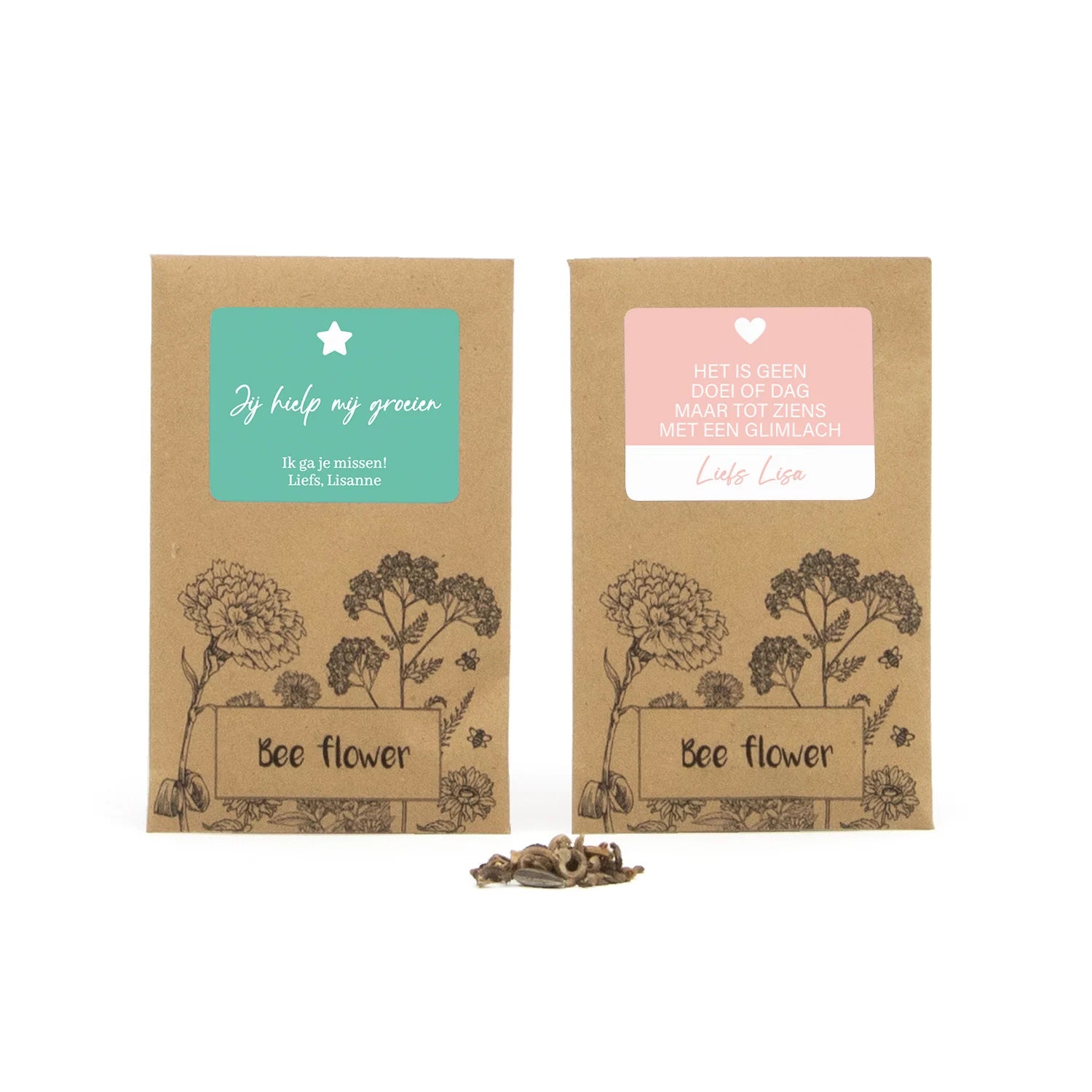 Bee flower zakje met eigen etiket - Afscheid collega - Bedankjes.nl