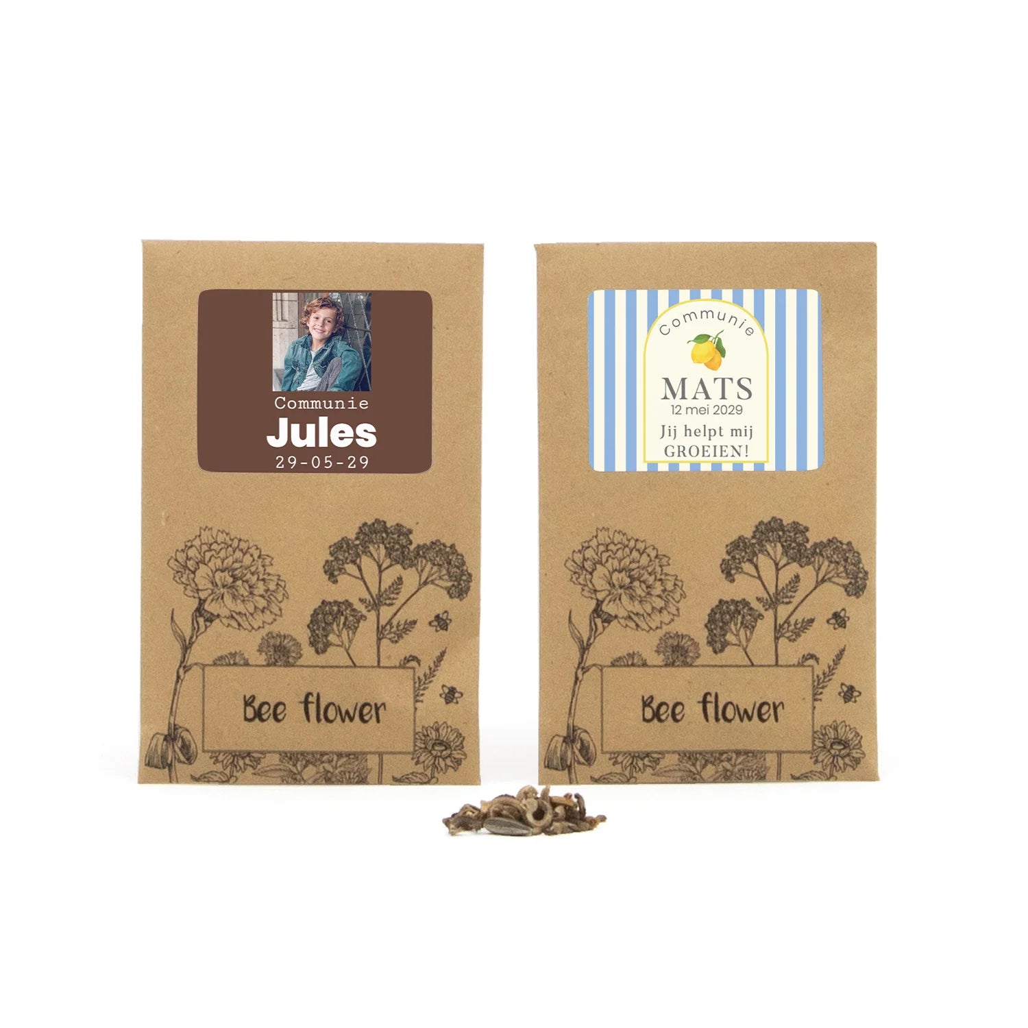 Bee flower zakje met eigen etiket - Communie jongen