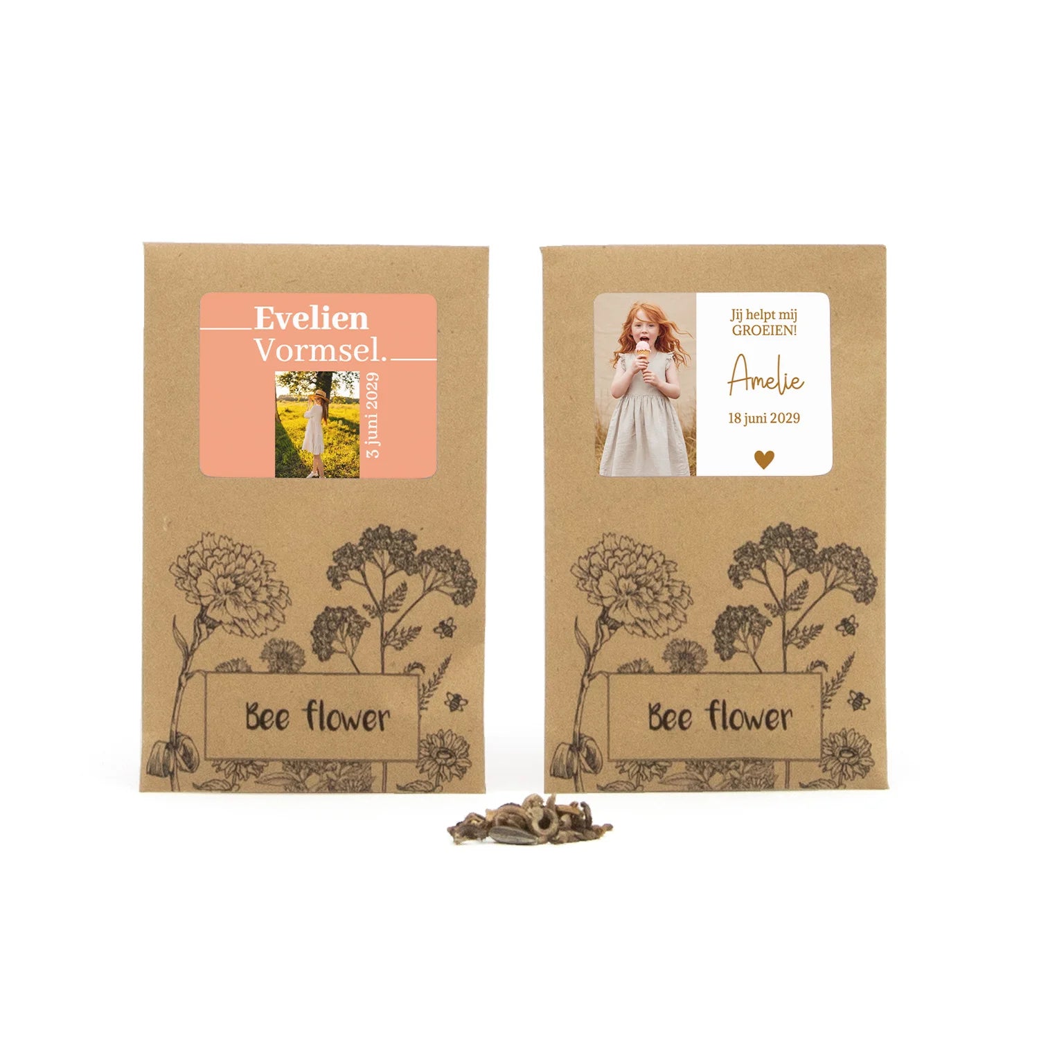 Bee flower zakje met eigen etiket - Communie meisje