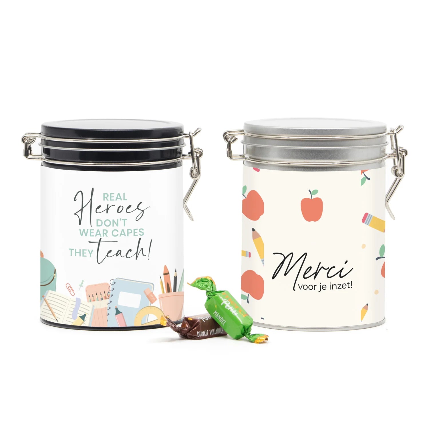 Beugelblik Merci petits met eigen wikkel - Leraar - Bedankjes.nl