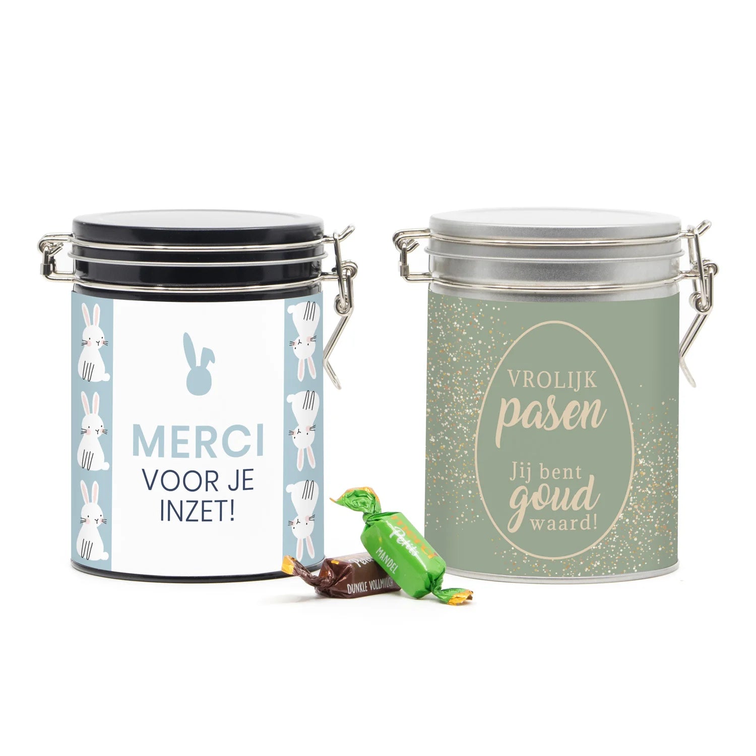 Beugelblik Merci petits met eigen wikkel - Pasen - Bedankjes.nl