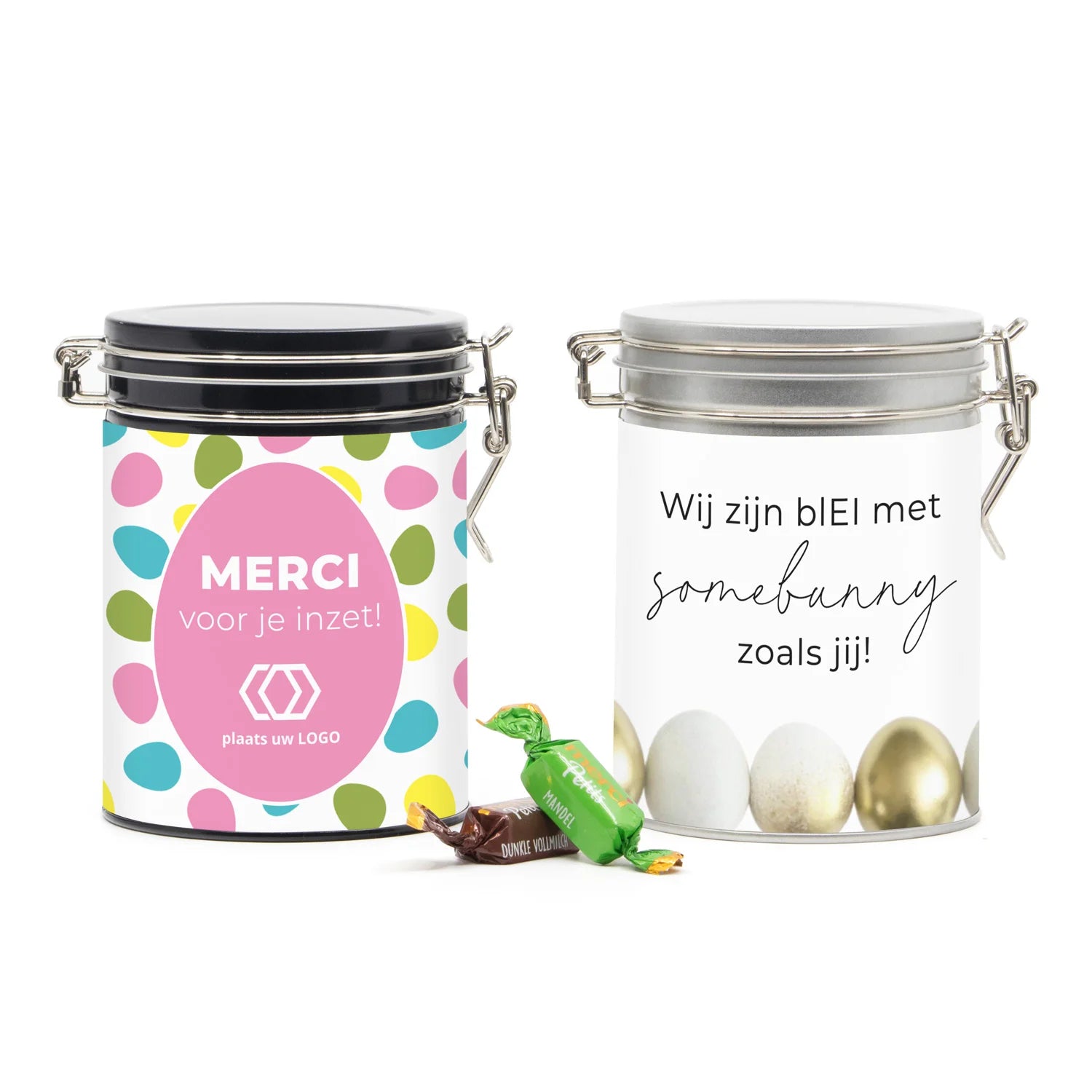 Beugelblik Merci petits met eigen wikkel - Pasen - Bedankjes.nl