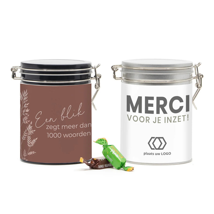 Beugelblik Merci petits met eigen wikkel - Zakelijk Beugelblik Merci petits met eigen wikkel - Zakelijk