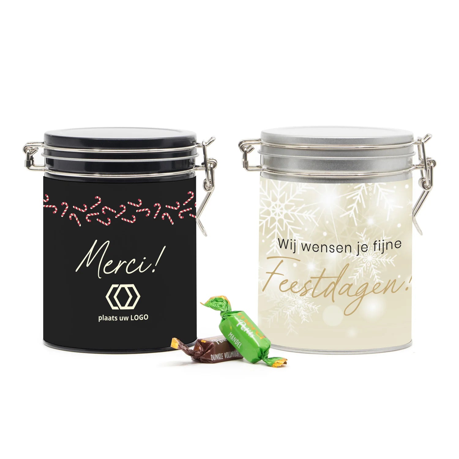Beugelblik Merci petits met eigen wikkel - Kerst - Bedankjes.nl