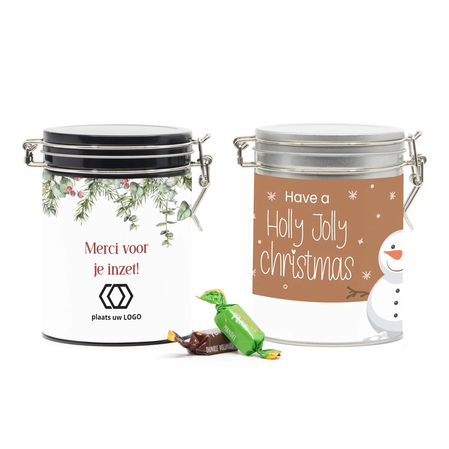 Beugelblik Merci petits met eigen wikkel - Kerst - Bedankjes.nl