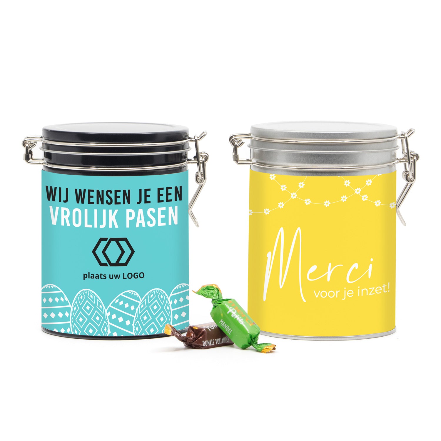 Beugelblik Merci petits met eigen wikkel - Pasen - Bedankjes.nl