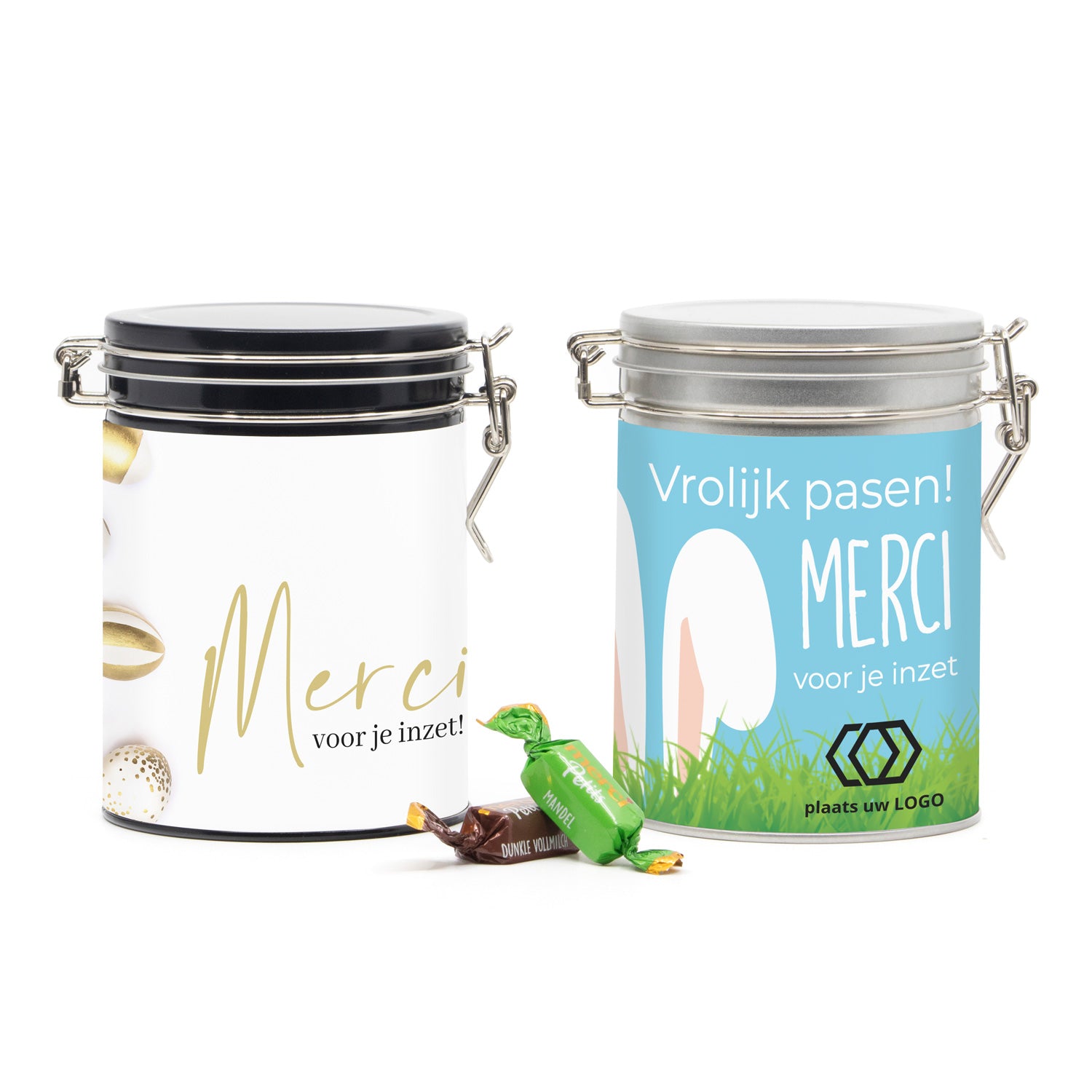 Beugelblik Merci petits met eigen wikkel - Pasen - Bedankjes.nl