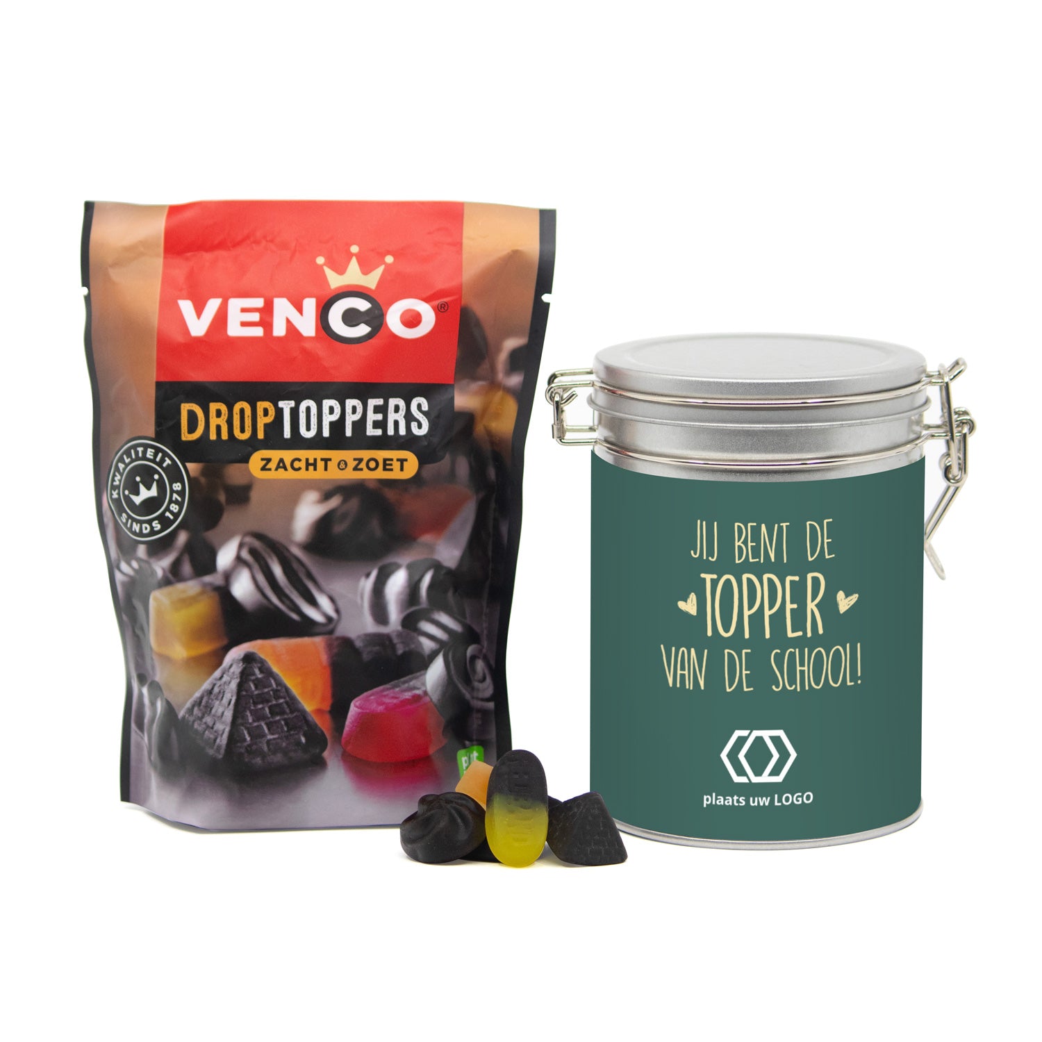 Beugelblik met Droptoppers en eigen wikkel- Leraar - Bedankjes.nl