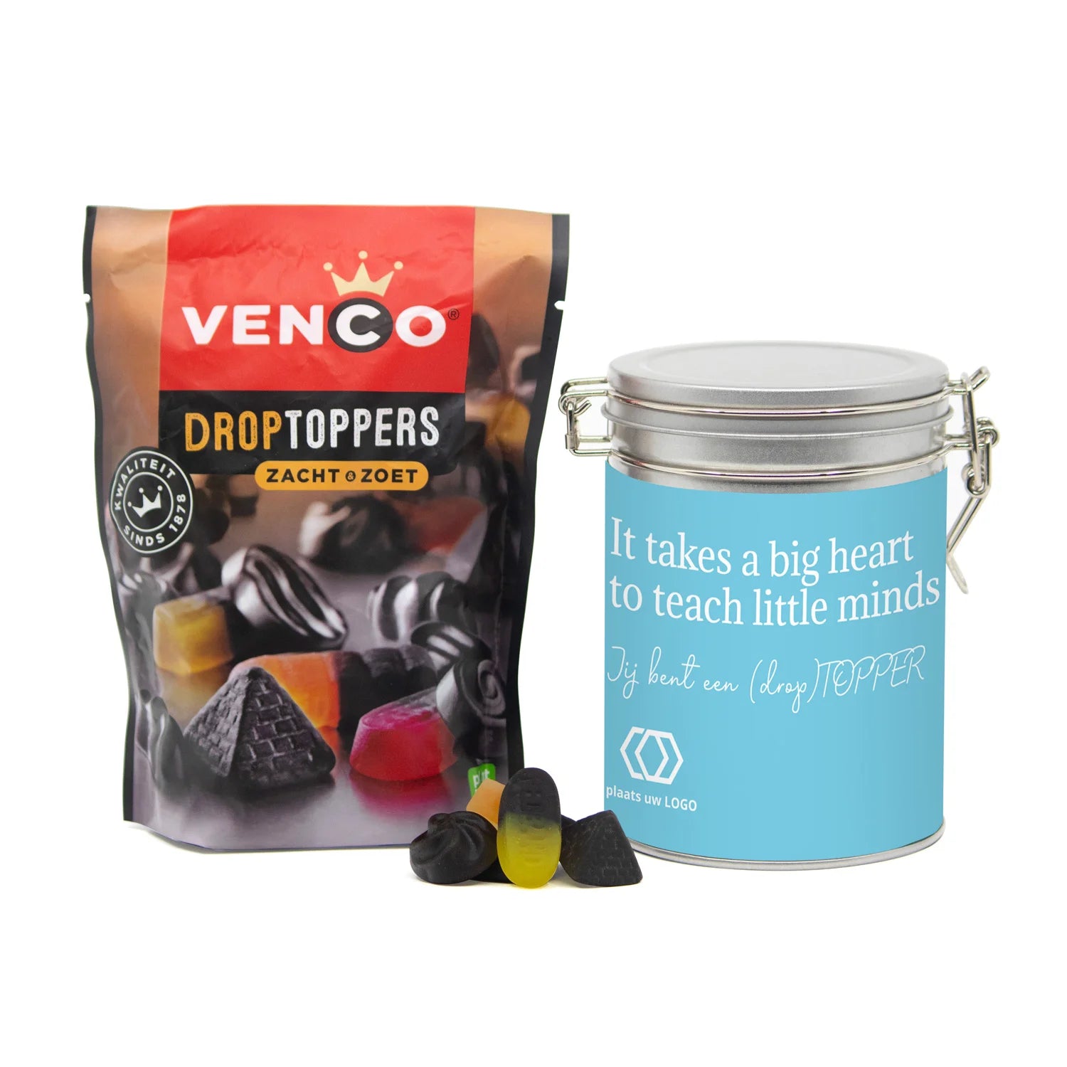 Beugelblik met Droptoppers en eigen wikkel- Leraar - Bedankjes.nl