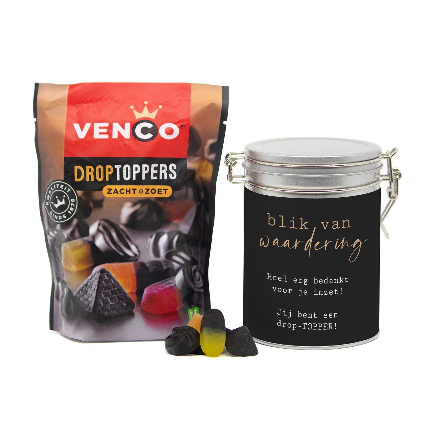 Droptoppers in een beugelblik met eigen wikkel- Zakelijk - Bedankjes.nl