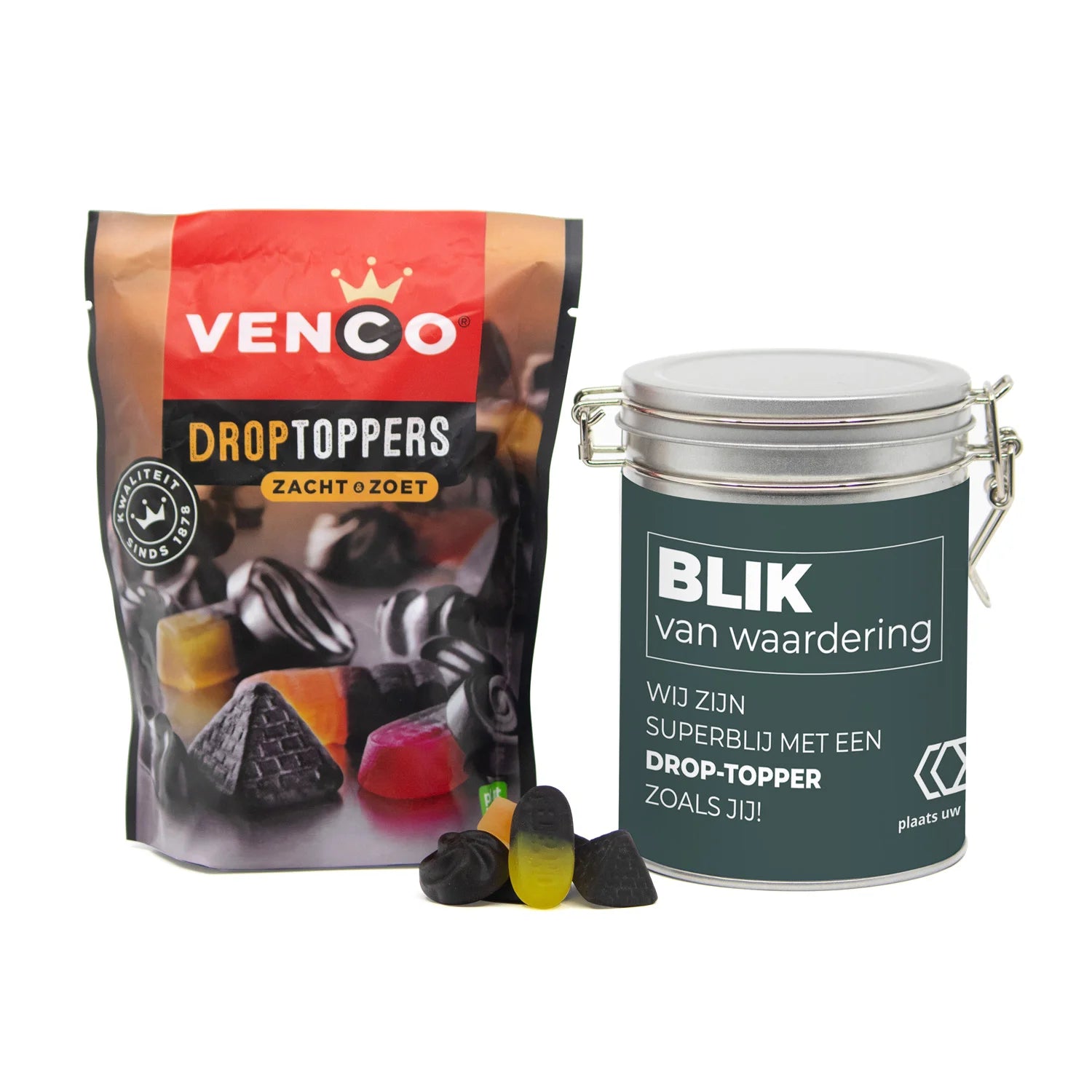 Droptoppers in een beugelblik met eigen wikkel- Zakelijk - Bedankjes.nl