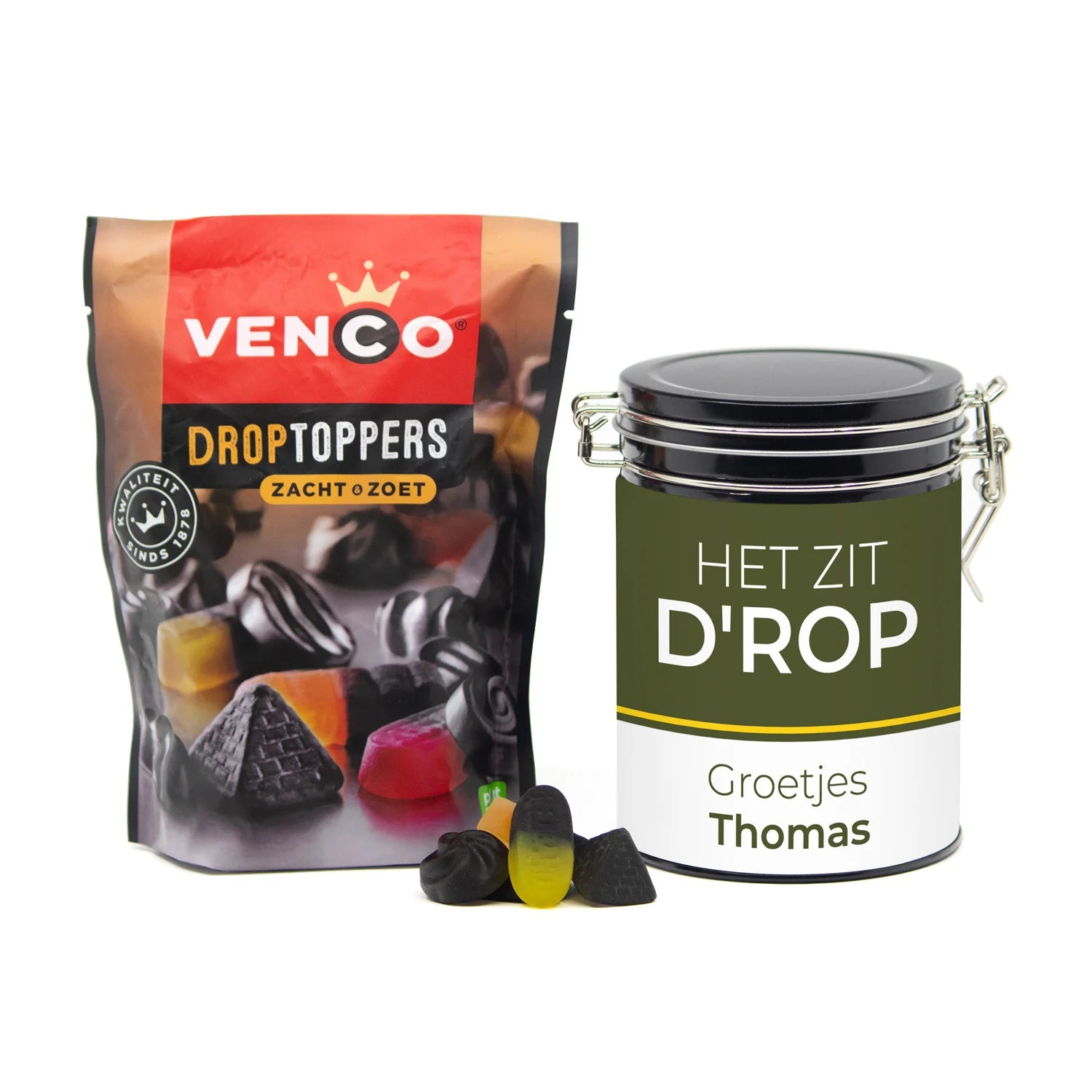 Beugelblik met Droptoppers en eigen wikkel - Collega - Bedankjes.nl