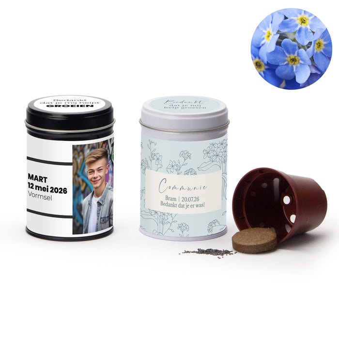 Vergeet me nietje in blikje - Communie jongens Vergeet me nietje in blikje - Communie jongens