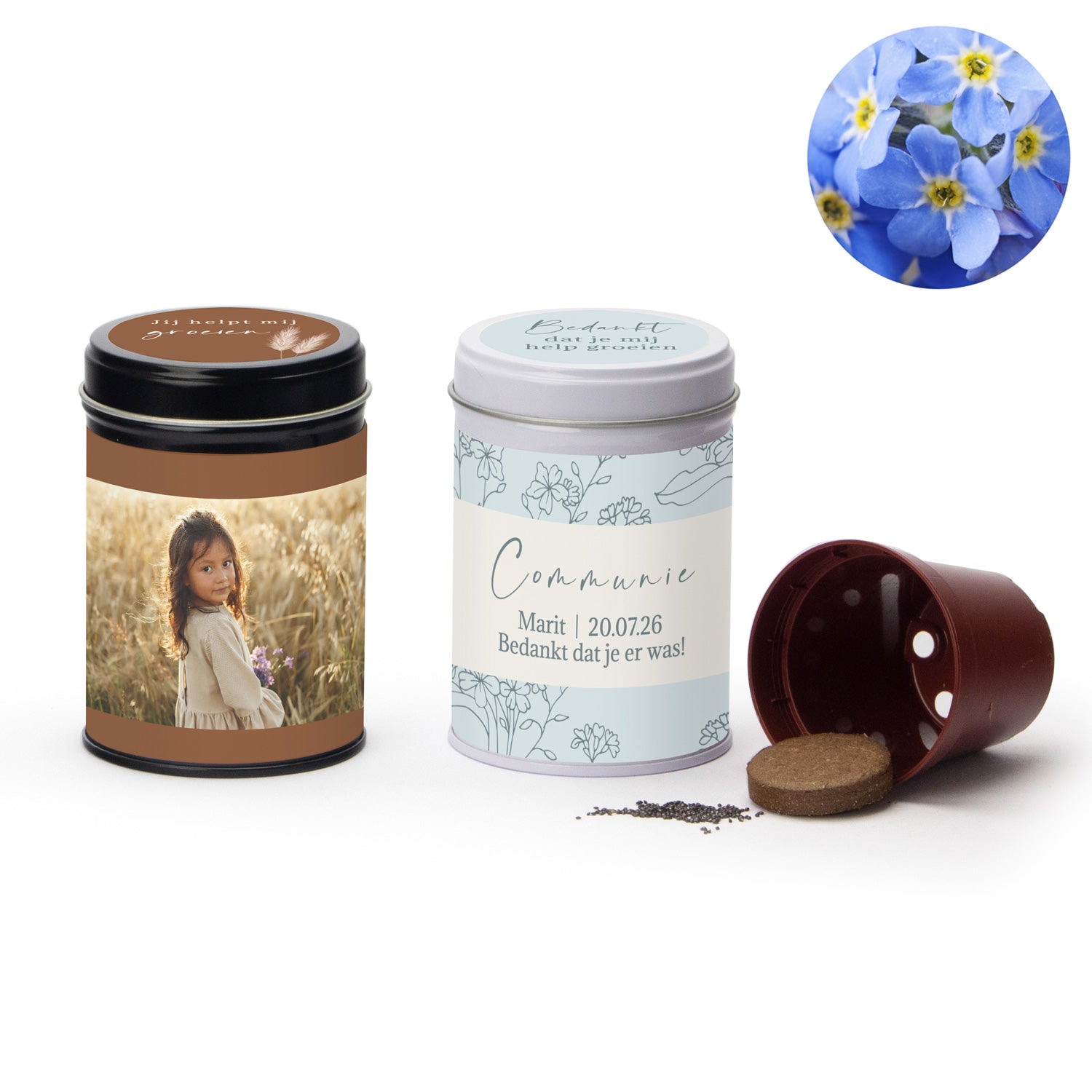 Vergeet me nietje in blikje - Communie meisjes - Bedankjes.nl