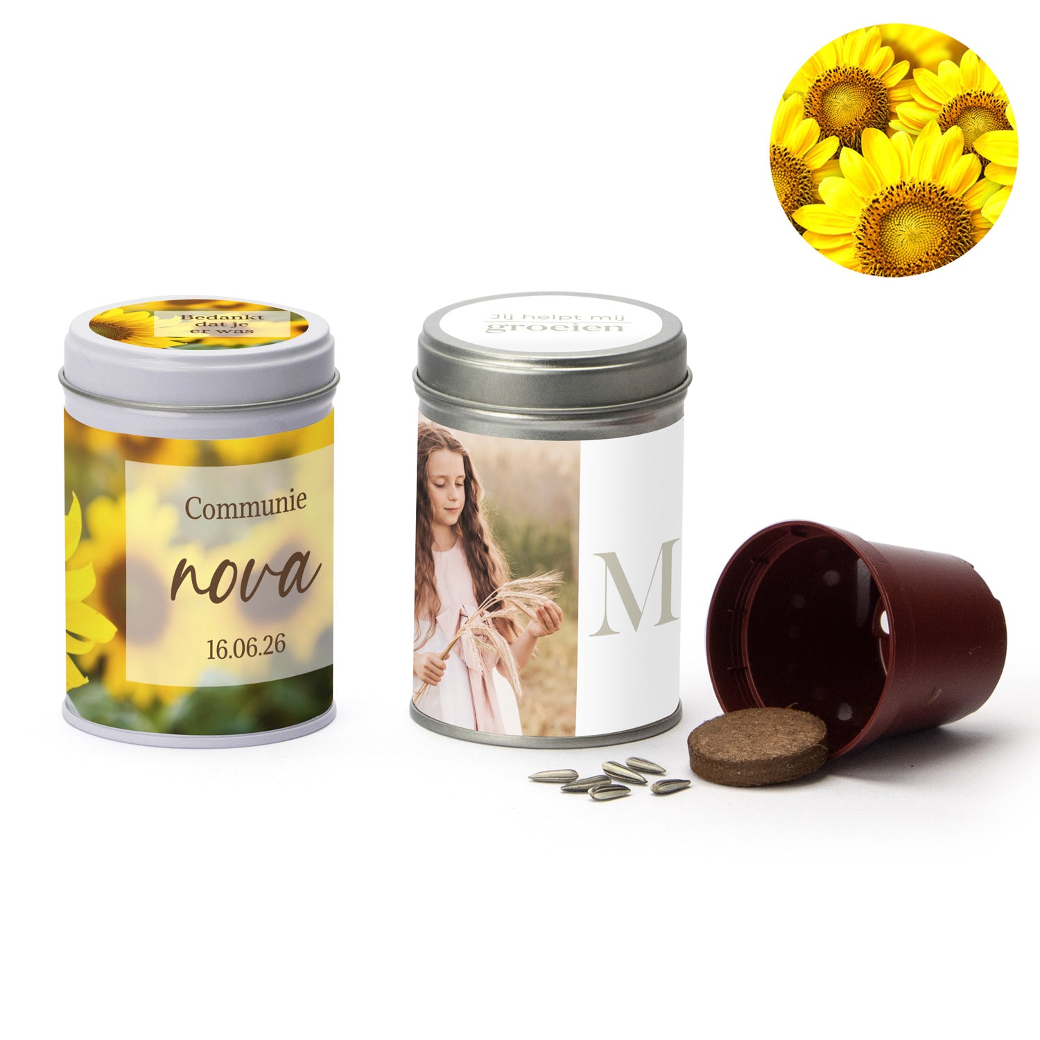 Zonnebloem in blikje - Communie meisjes - Bedankjes.nl