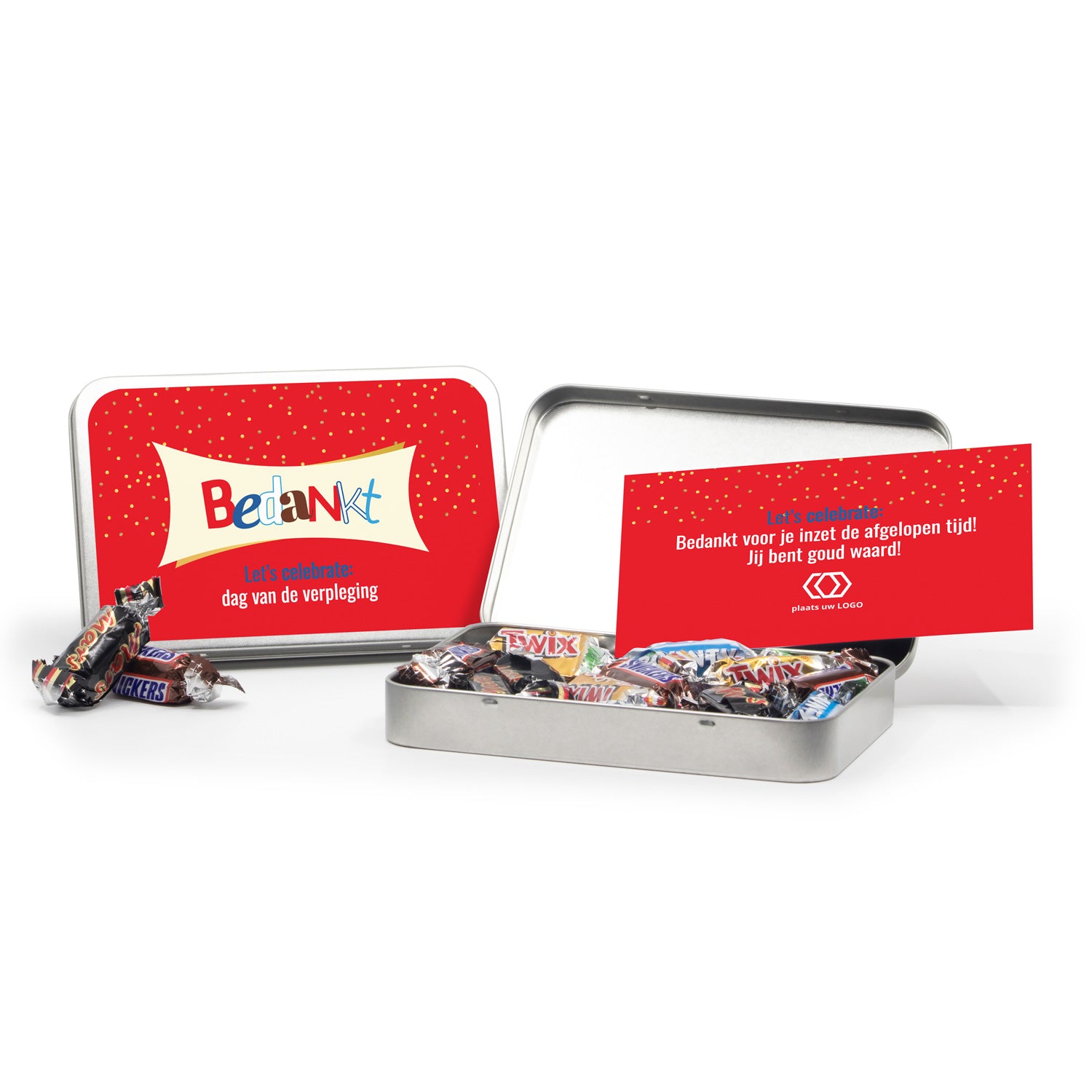 A6 Blik met chocolade en eigen etiket - Verpleging - Bedankjes.nl