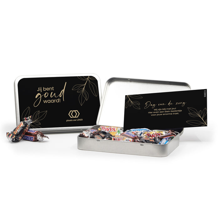 A6 Blik met chocolade en eigen etiket - Verpleging A6 Blik met chocolade en eigen etiket - Verpleging