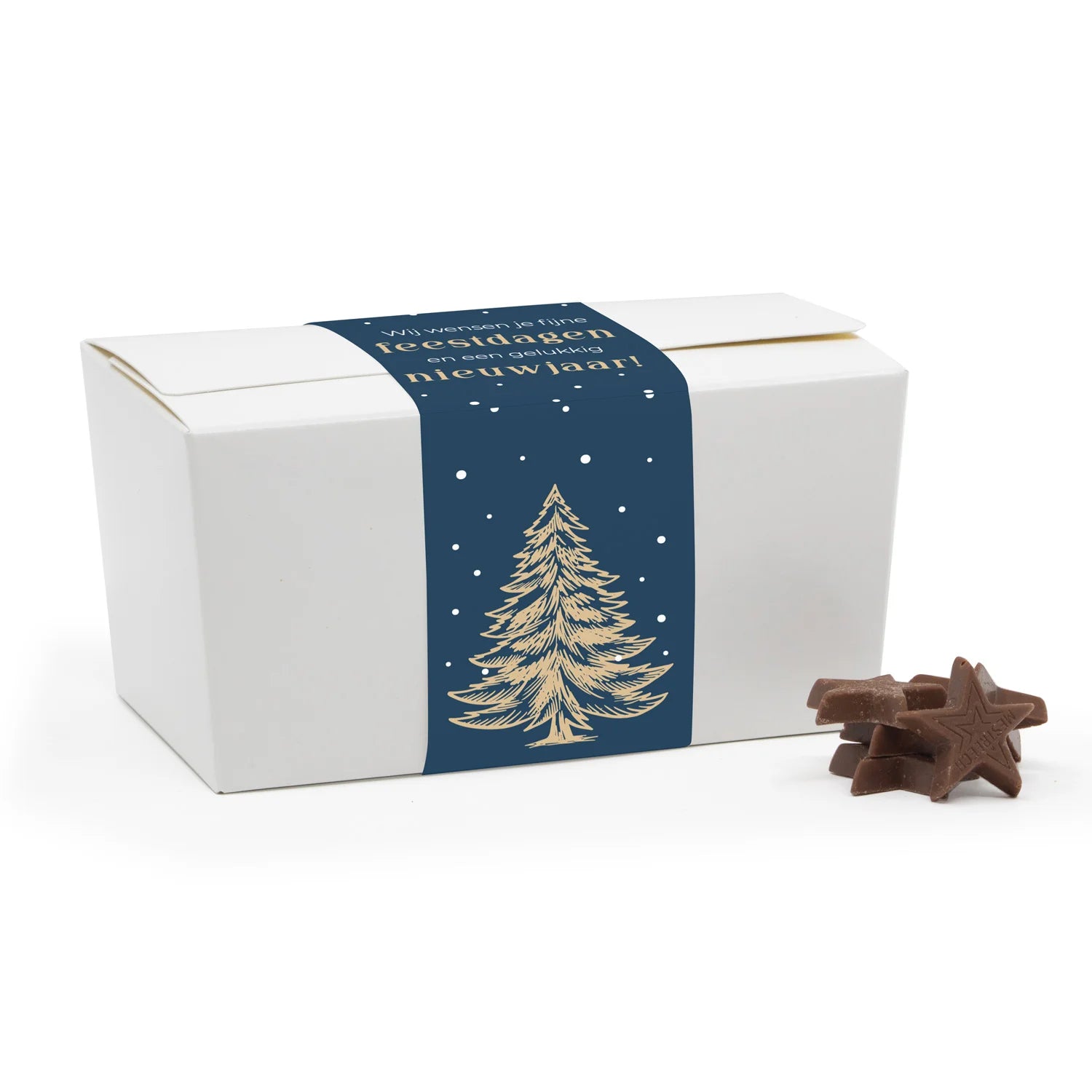 Bonbondoos met chocolade sterren en eigen sleeve - Kerst - Bedankjes.nl