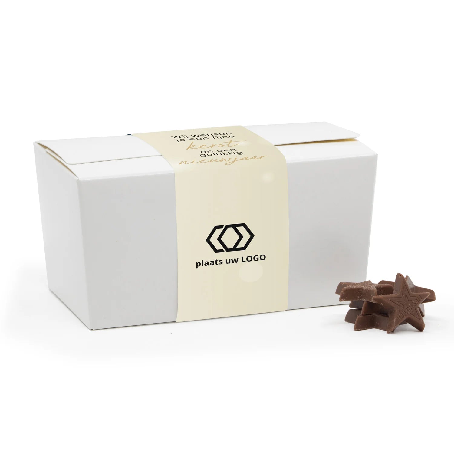 Bonbondoos met chocolade sterren en eigen sleeve - Kerst - Bedankjes.nl