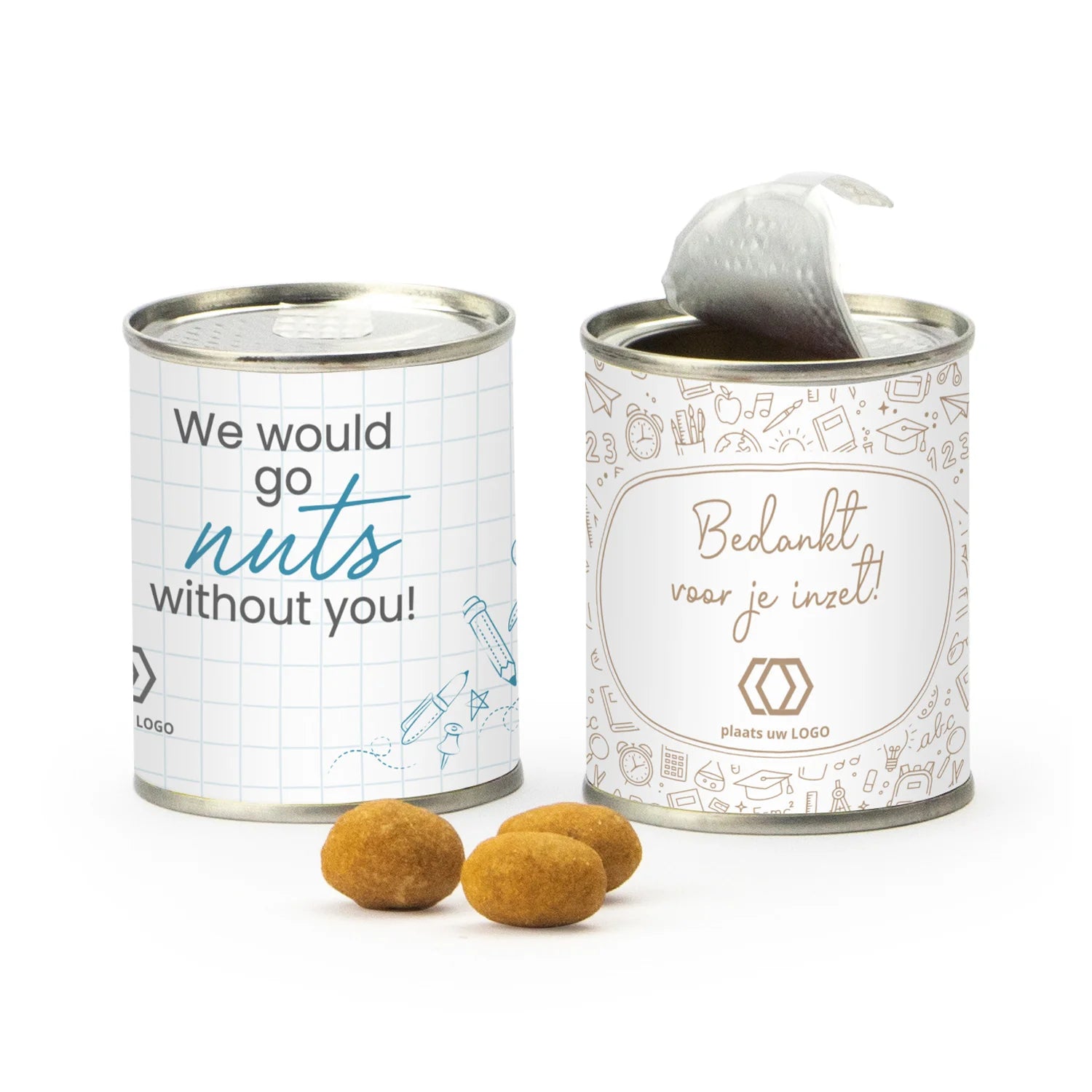 Blikje Borrelnootjes met logo - Leraar - Bedankjes.nl