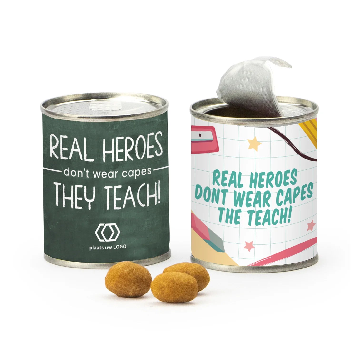 Blikje Borrelnootjes met logo - Leraar - Bedankjes.nl