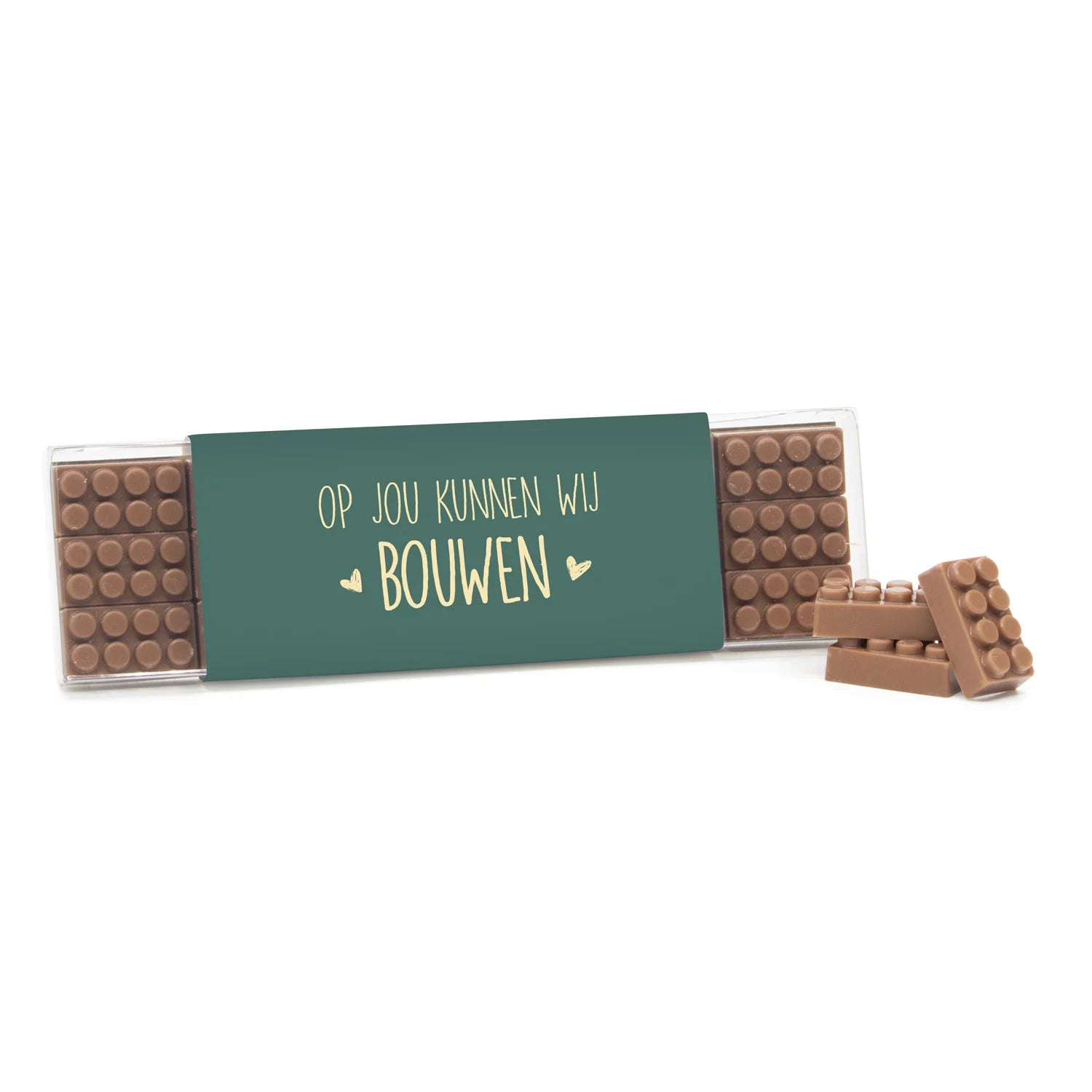 Blisterbox met 18 chocolade bouwstenen eigen sleeve - Leraar - Bedankjes.nl